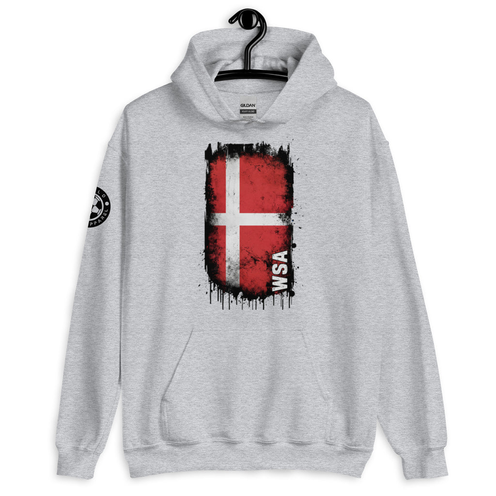 Gray hoodie with a red and white flag design on a hanger against a white background