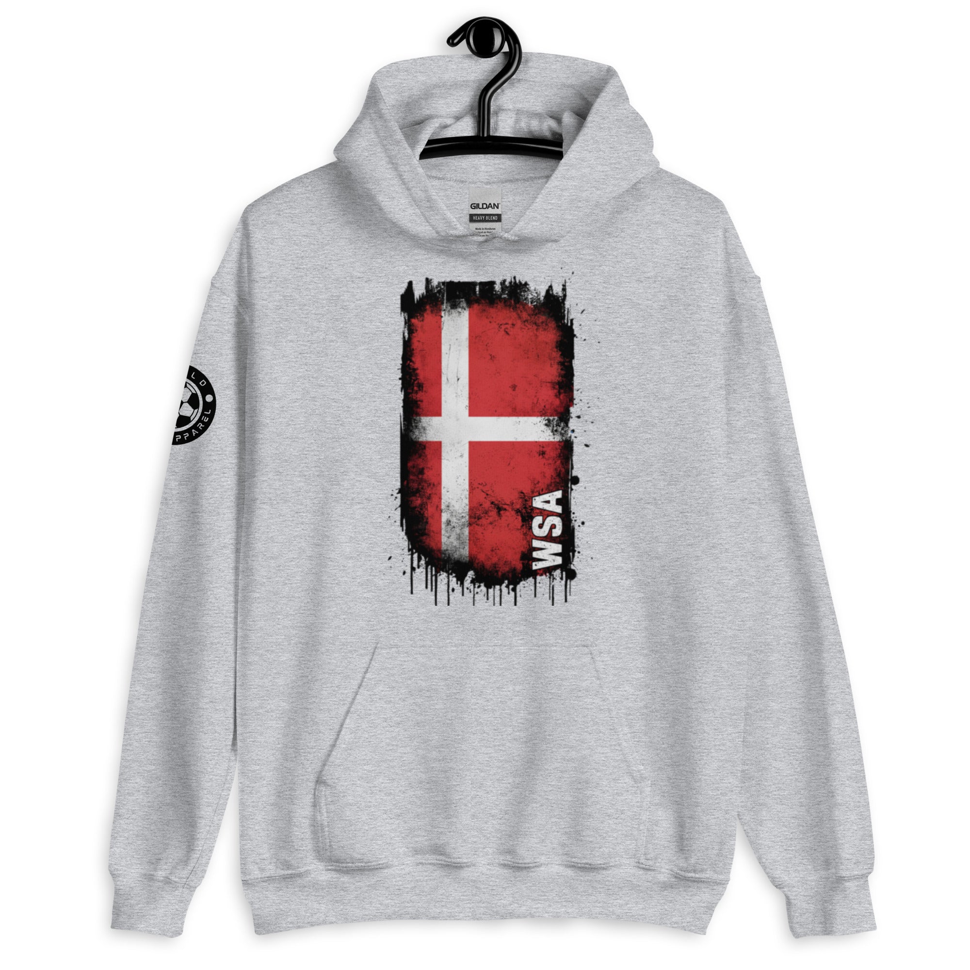 Gray hoodie with a red and white flag design on a hanger against a white background