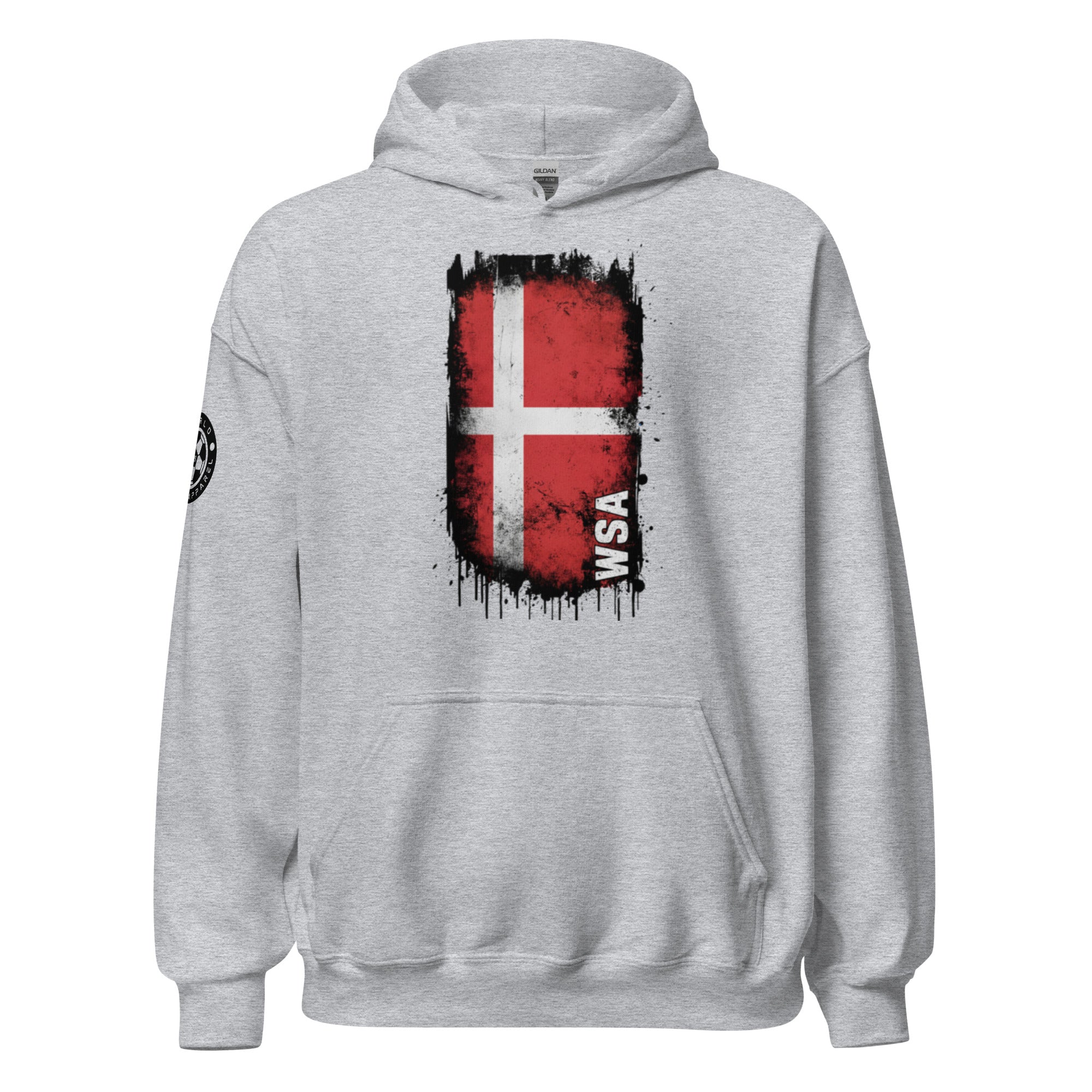 Gray hoodie with a Danish flag design on a white background