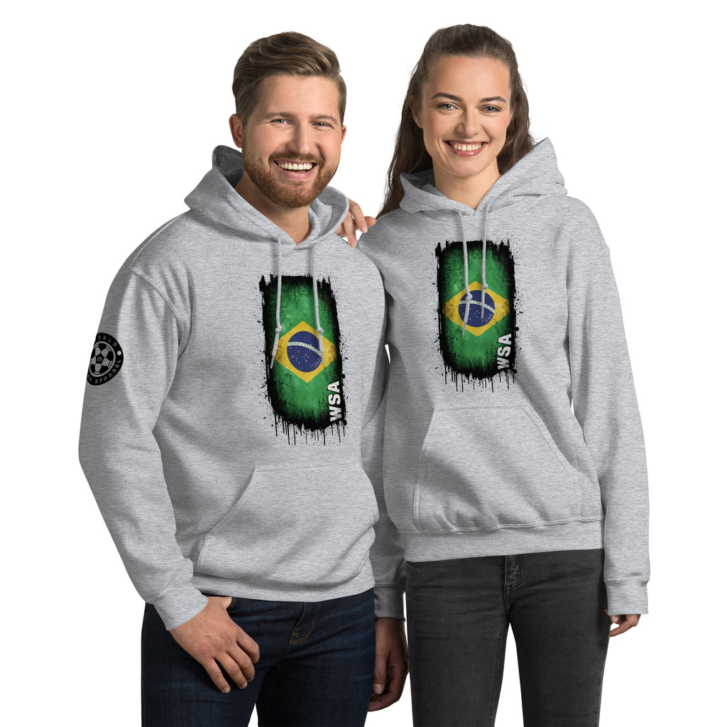 Two people wearing gray hoodies with a Brazilian flag design on a white background