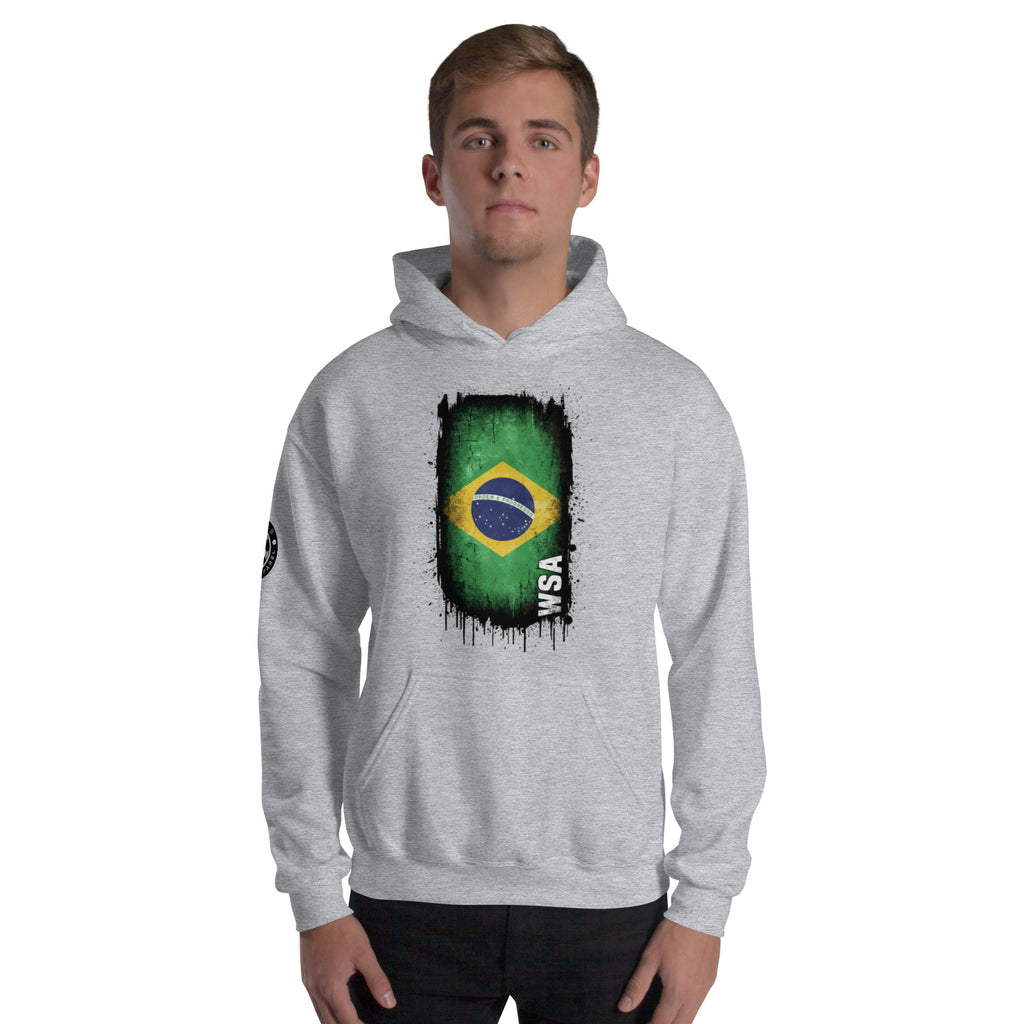 Person wearing a gray hoodie with a Brazilian flag design on a white background