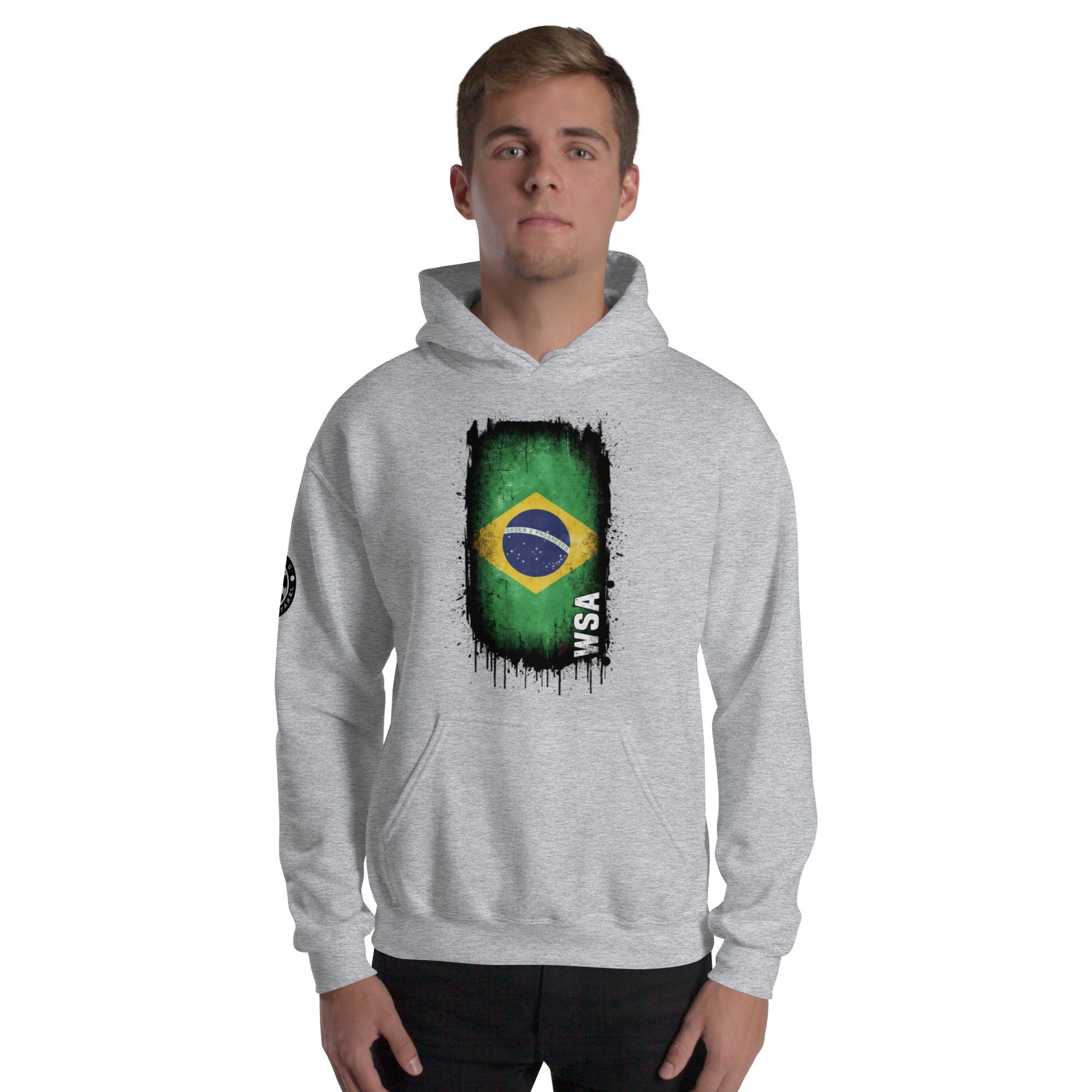 Person wearing a gray hoodie with a Brazilian flag design on a white background
