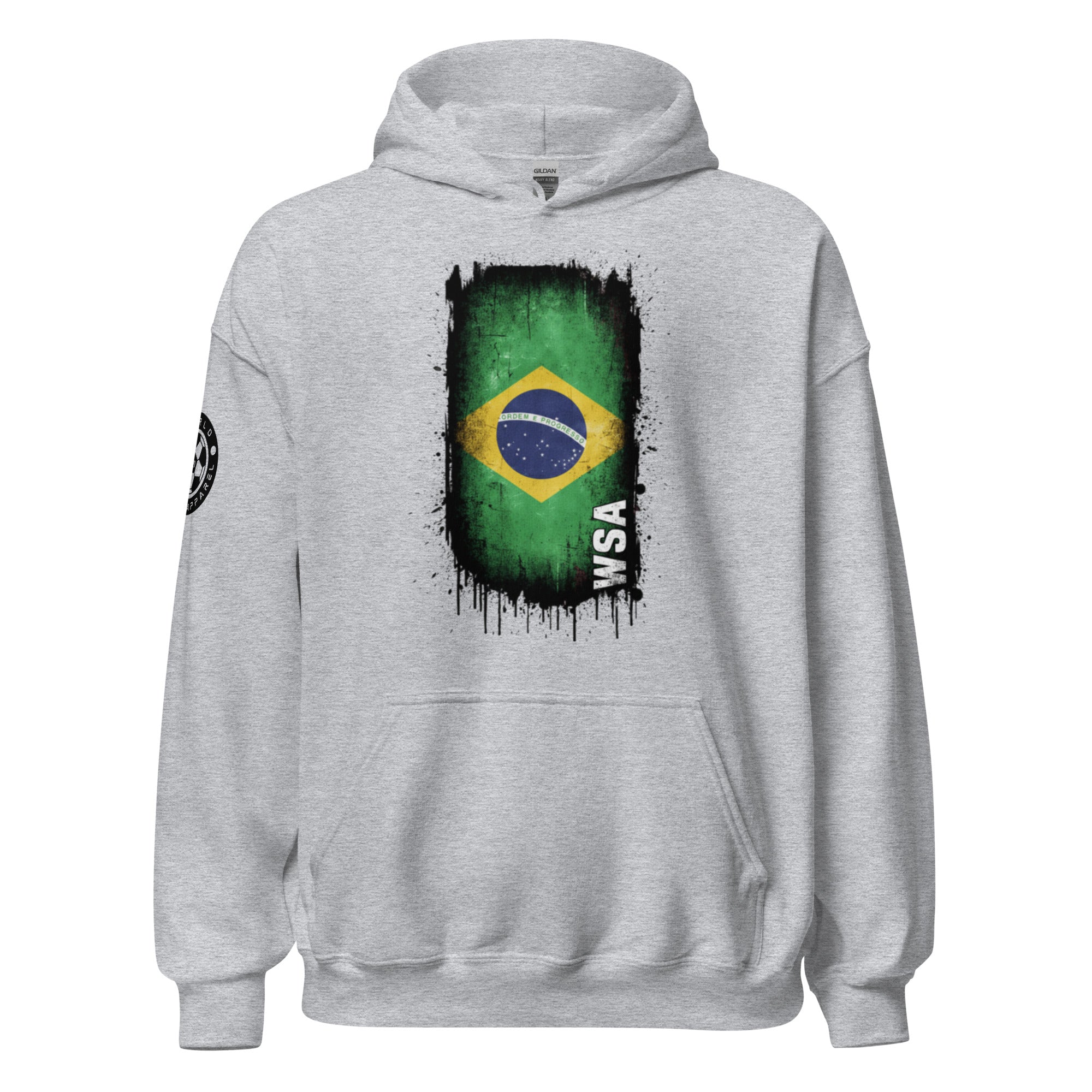 Gray hoodie with Brazilian flag design on a white background
