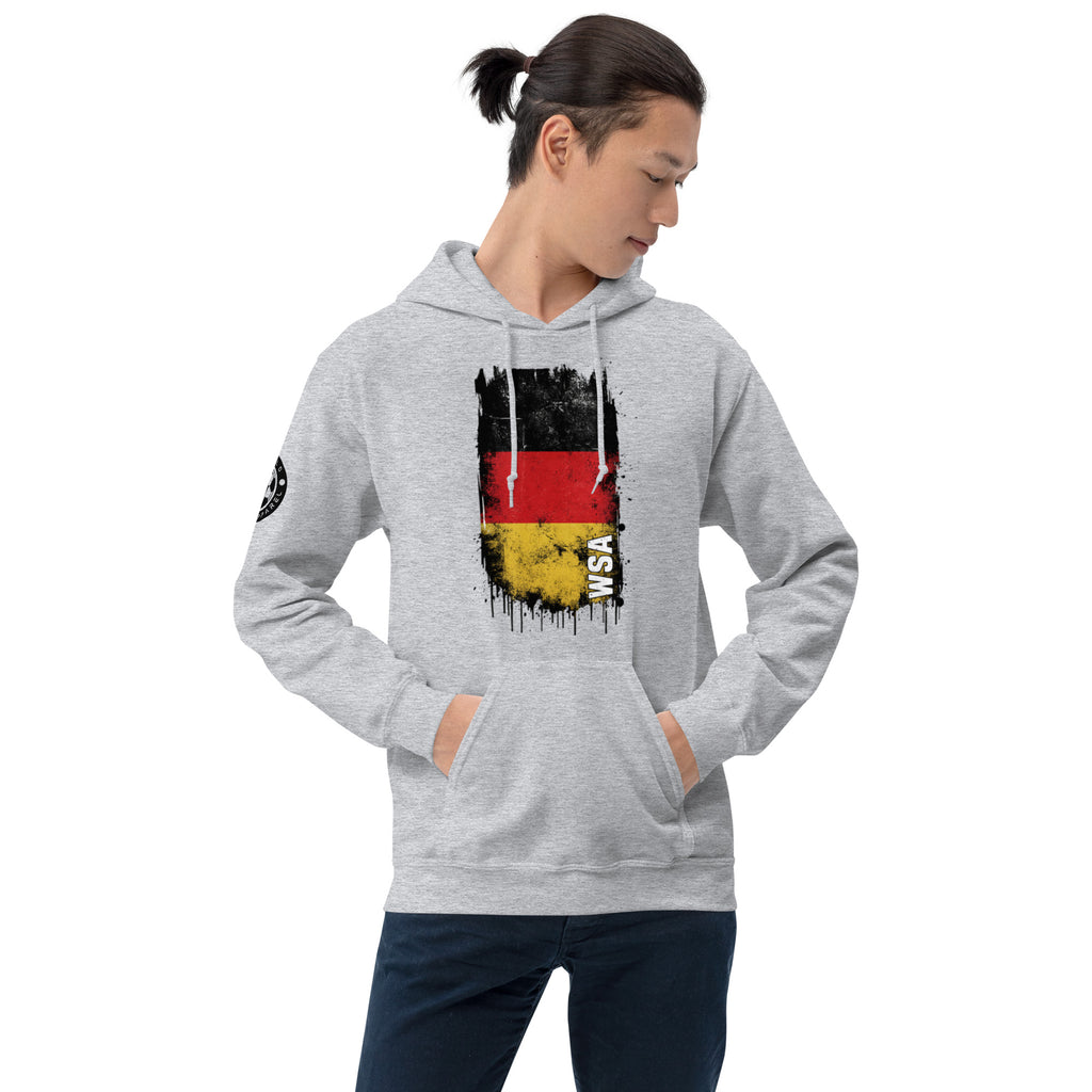 Person wearing a gray hoodie with a graphic design on a white background