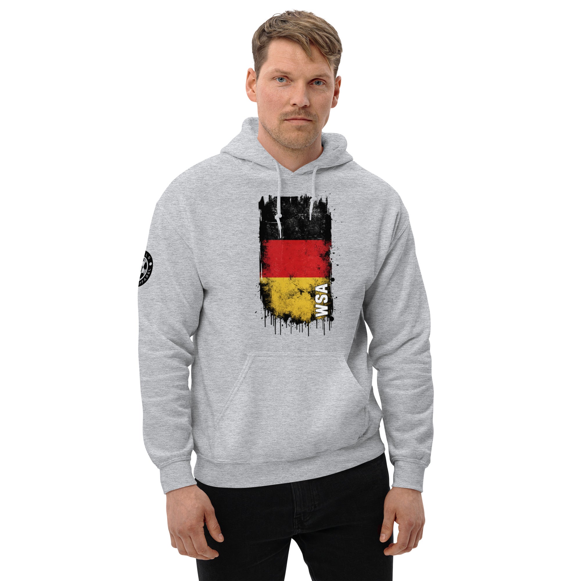 Man wearing a gray hoodie with a graphic design on a white background