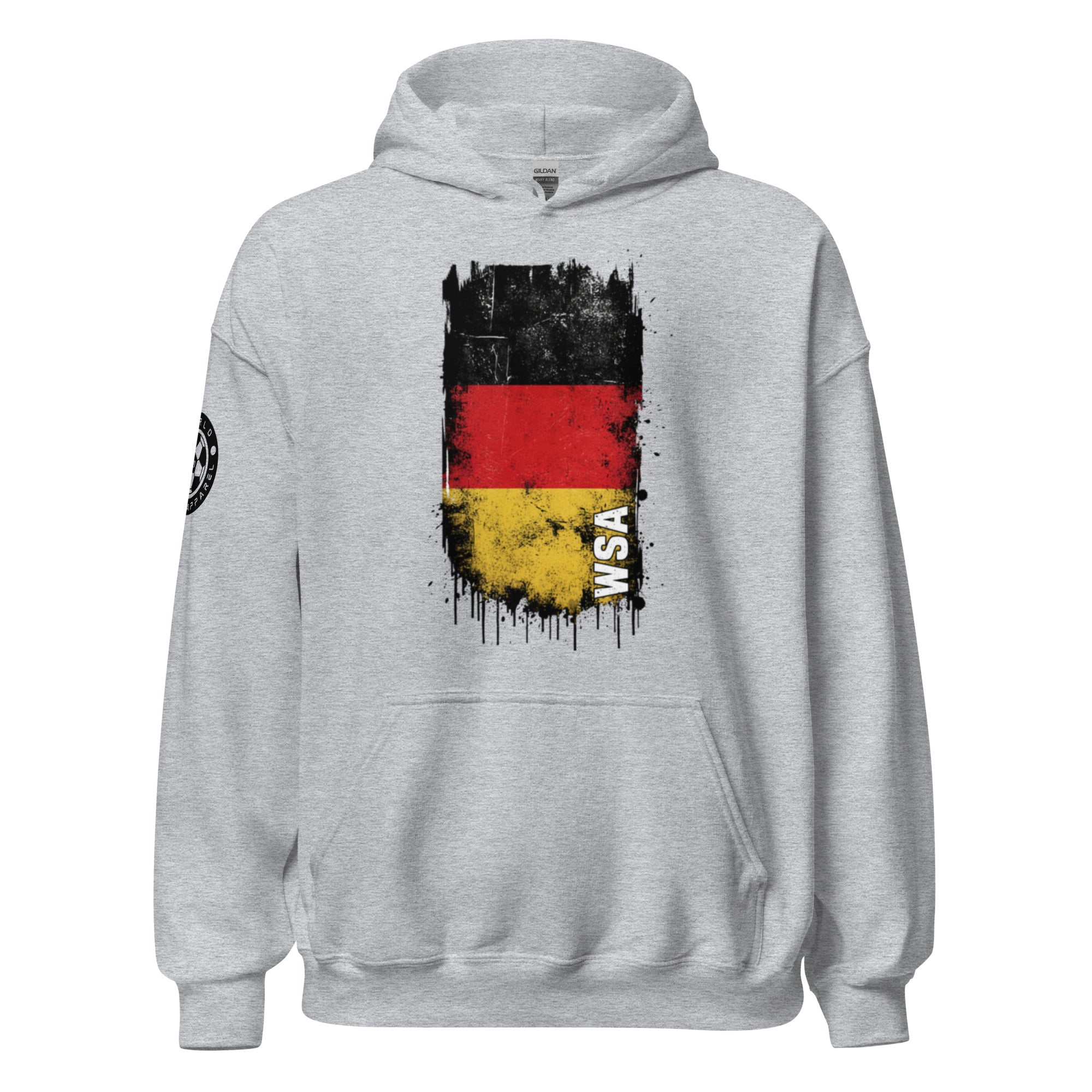 Gray hoodie with a black, red, and yellow design on the chest against a white background