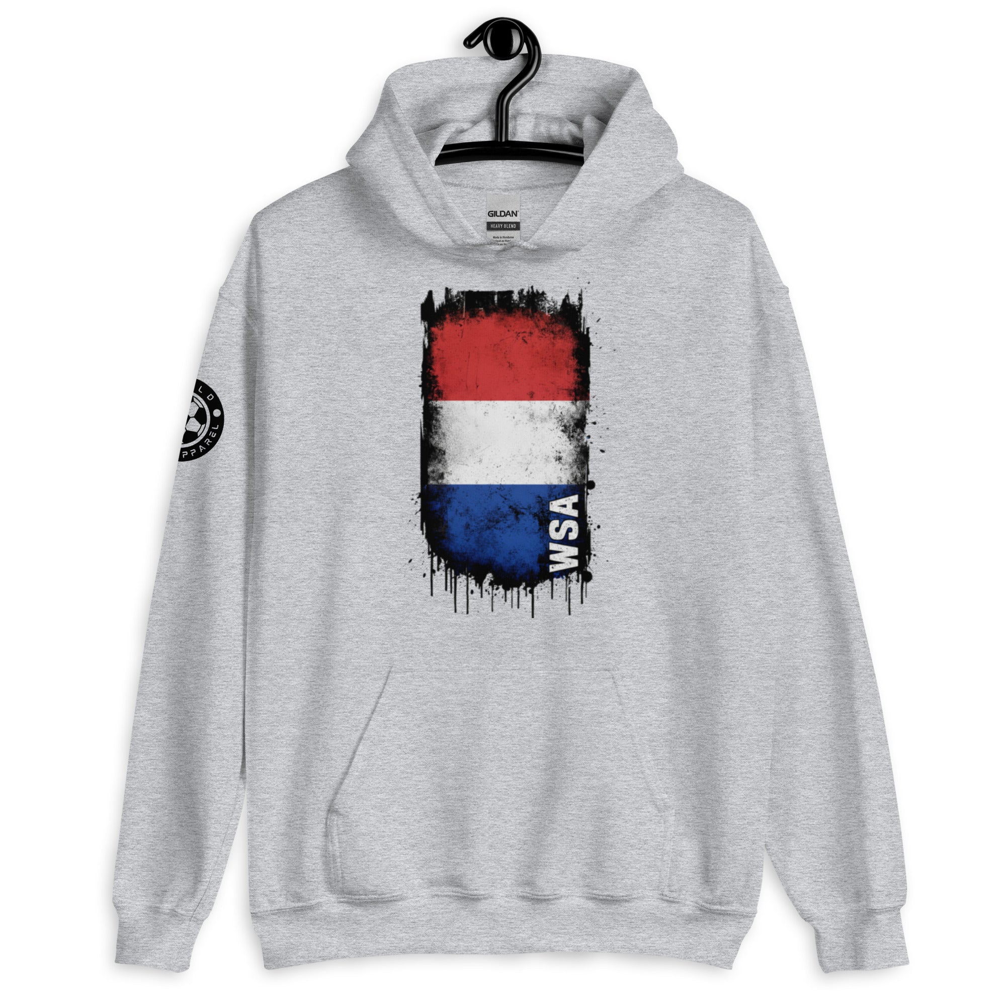 Gray hoodie with a flag design on a hanger against a white background