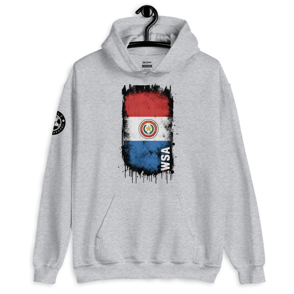 Gray hoodie with a flag design on a hanger against a white background