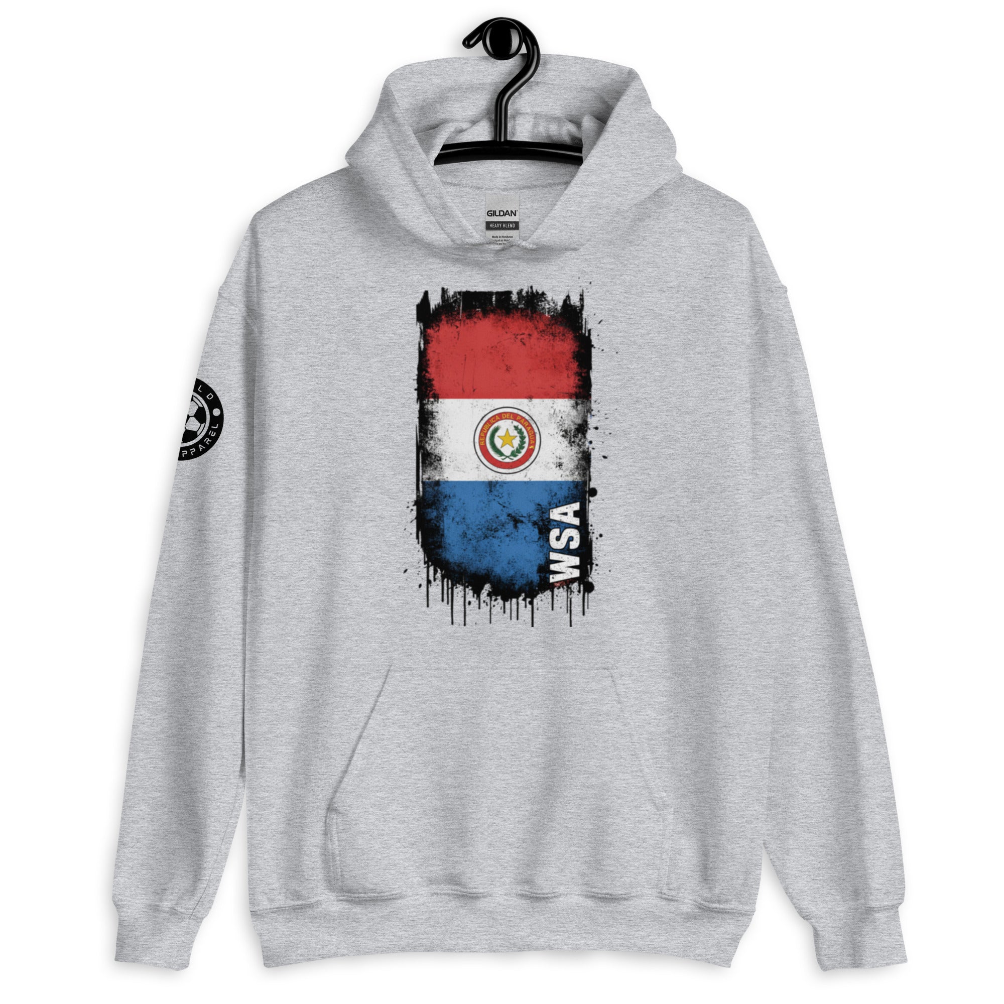 Gray hoodie with a flag design on a hanger against a white background