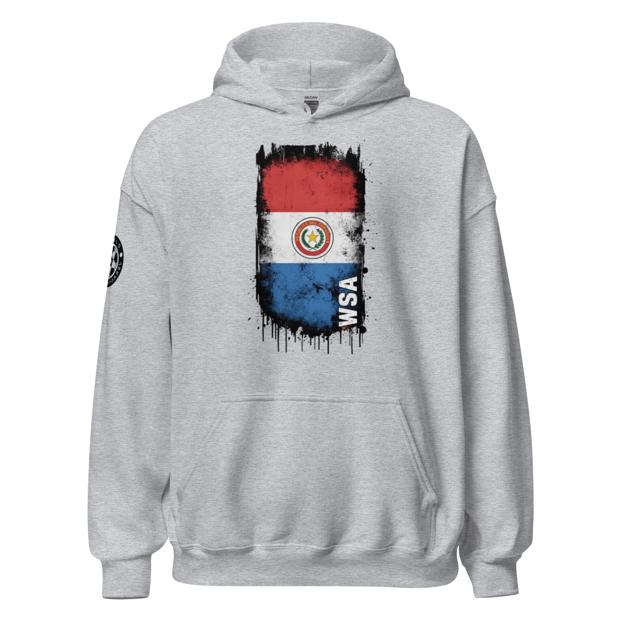 Gray hoodie with Paraguayan flag design on a white background