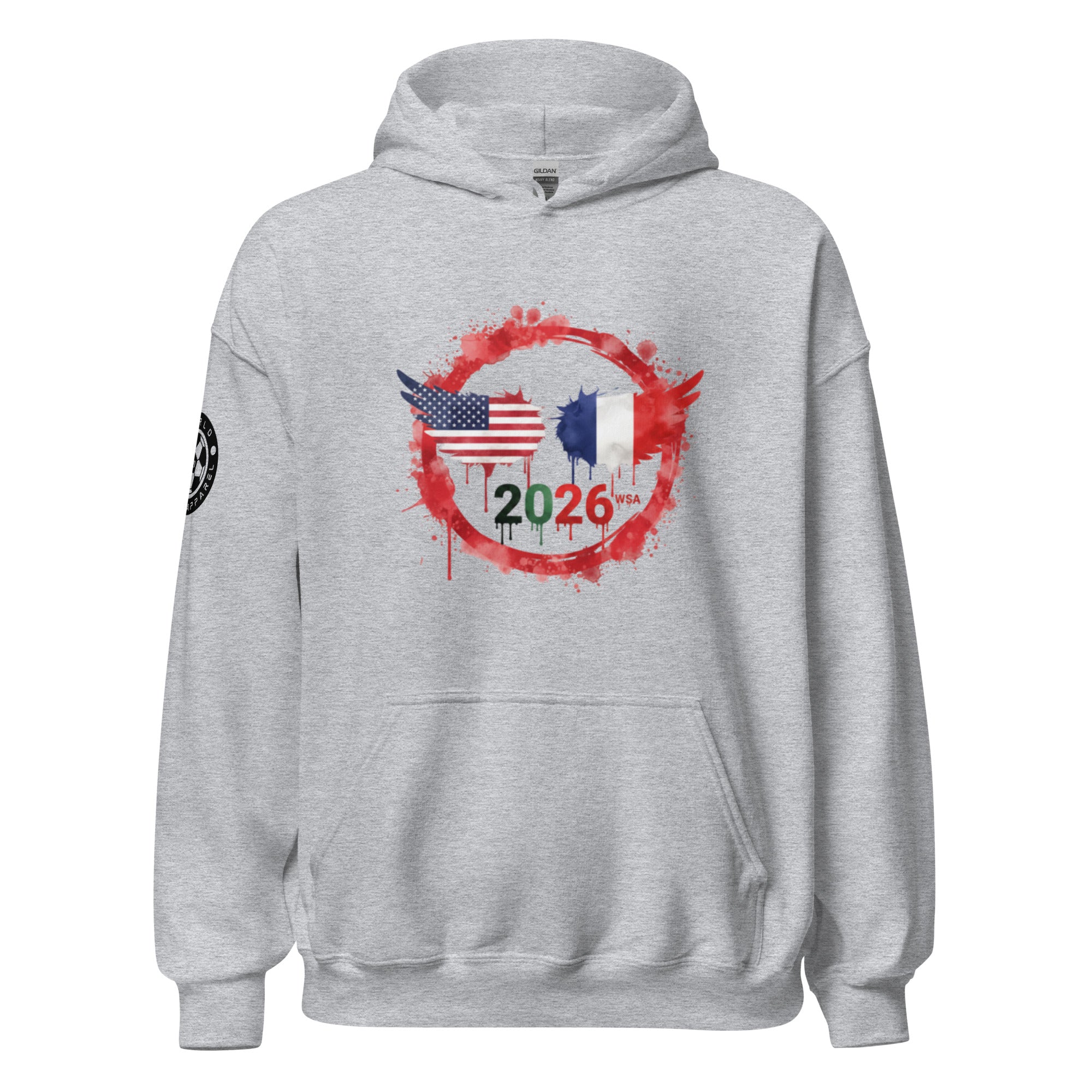 Gray hoodie with 2026 design featuring American and French flags on a white background