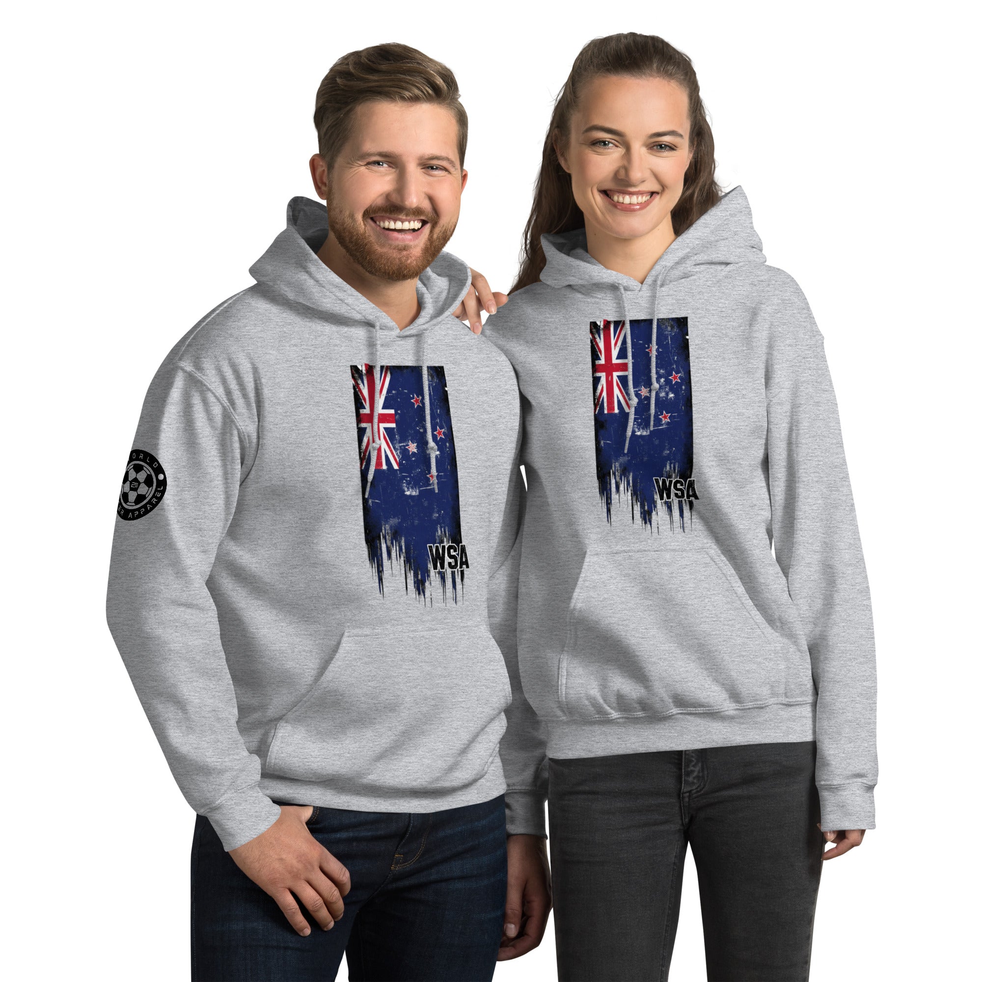 Two people wearing gray hoodies with a flag design on a white background