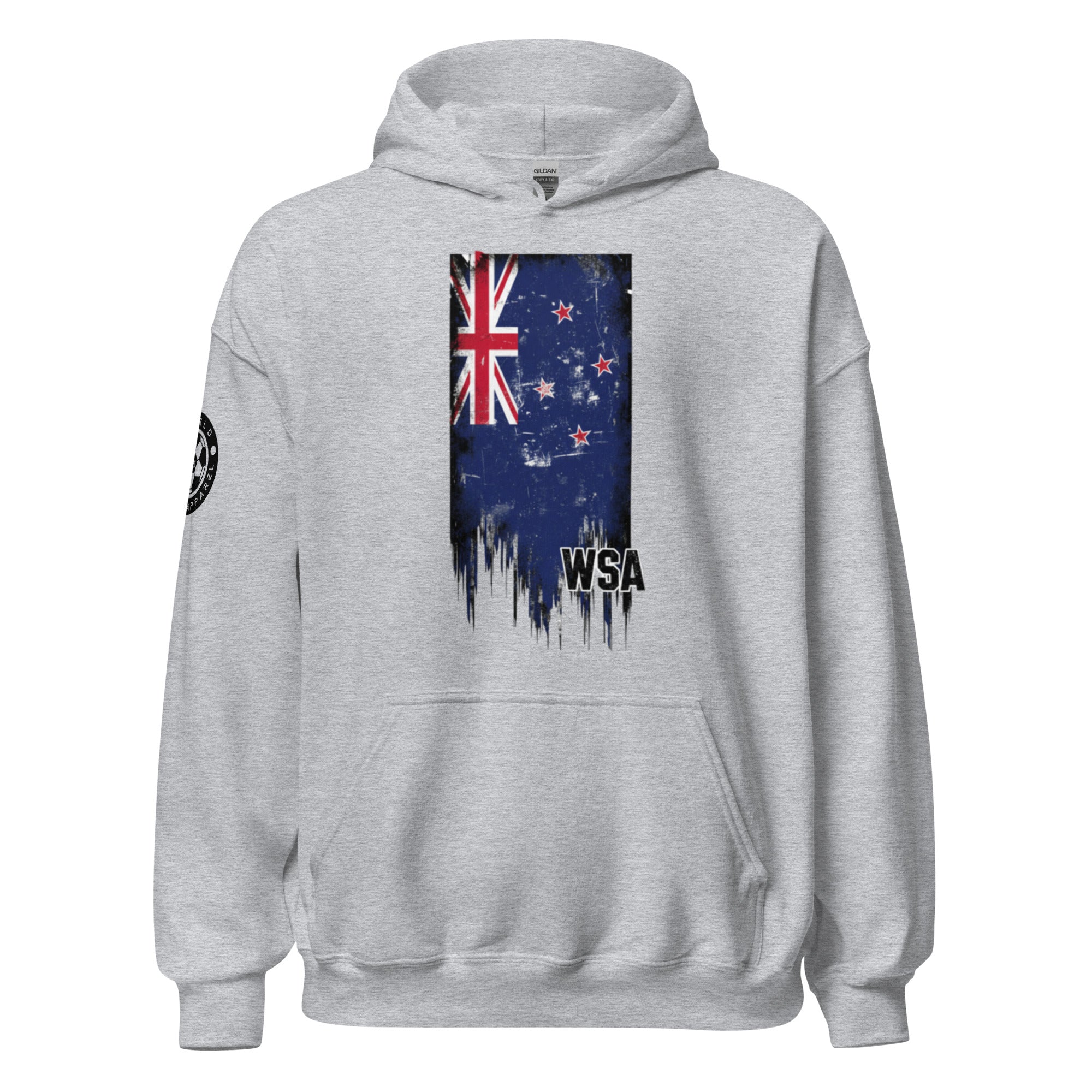 Gray hoodie with New Zealand flag design on a white background