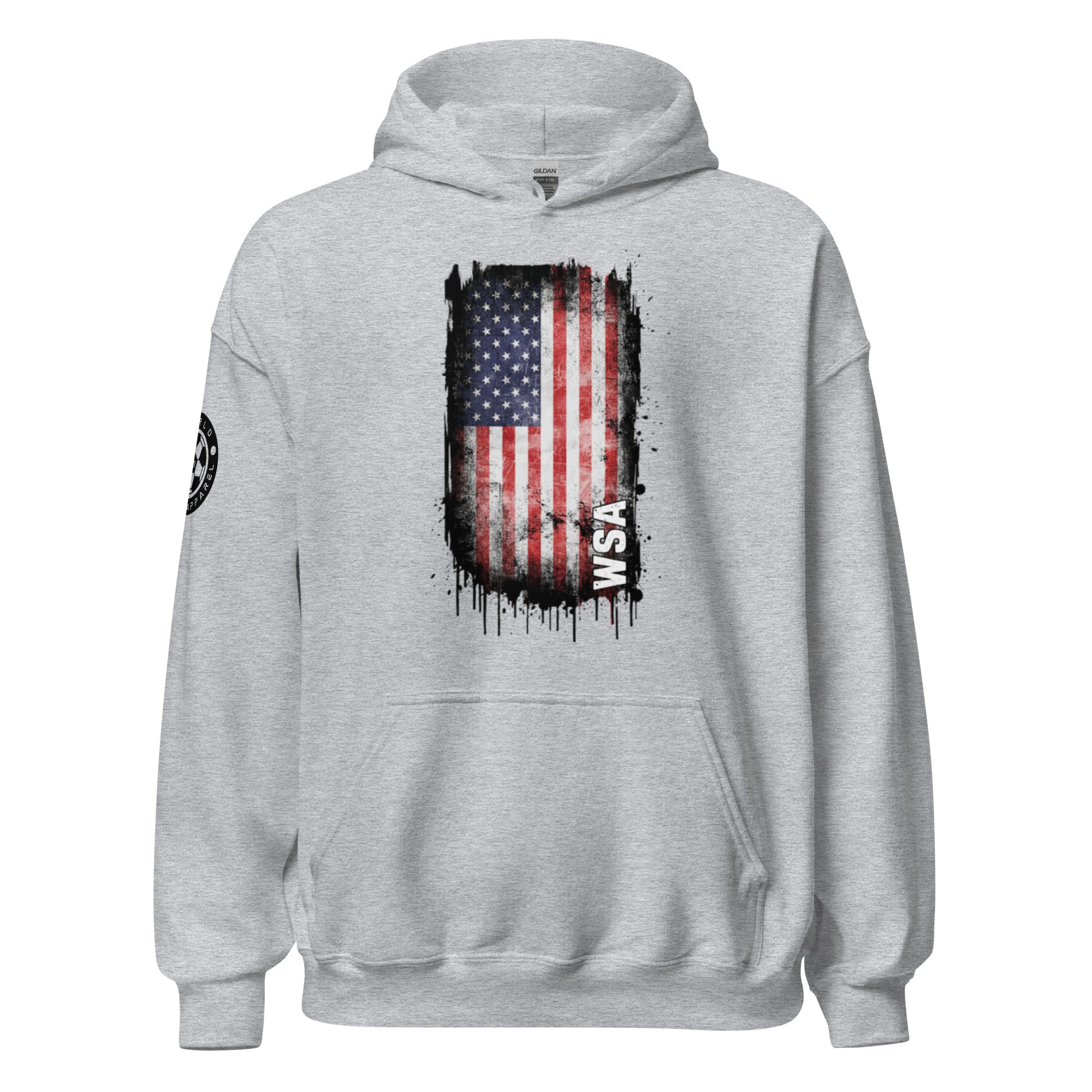 Gray hoodie with American flag graphic and 'WSA' branding on a white background