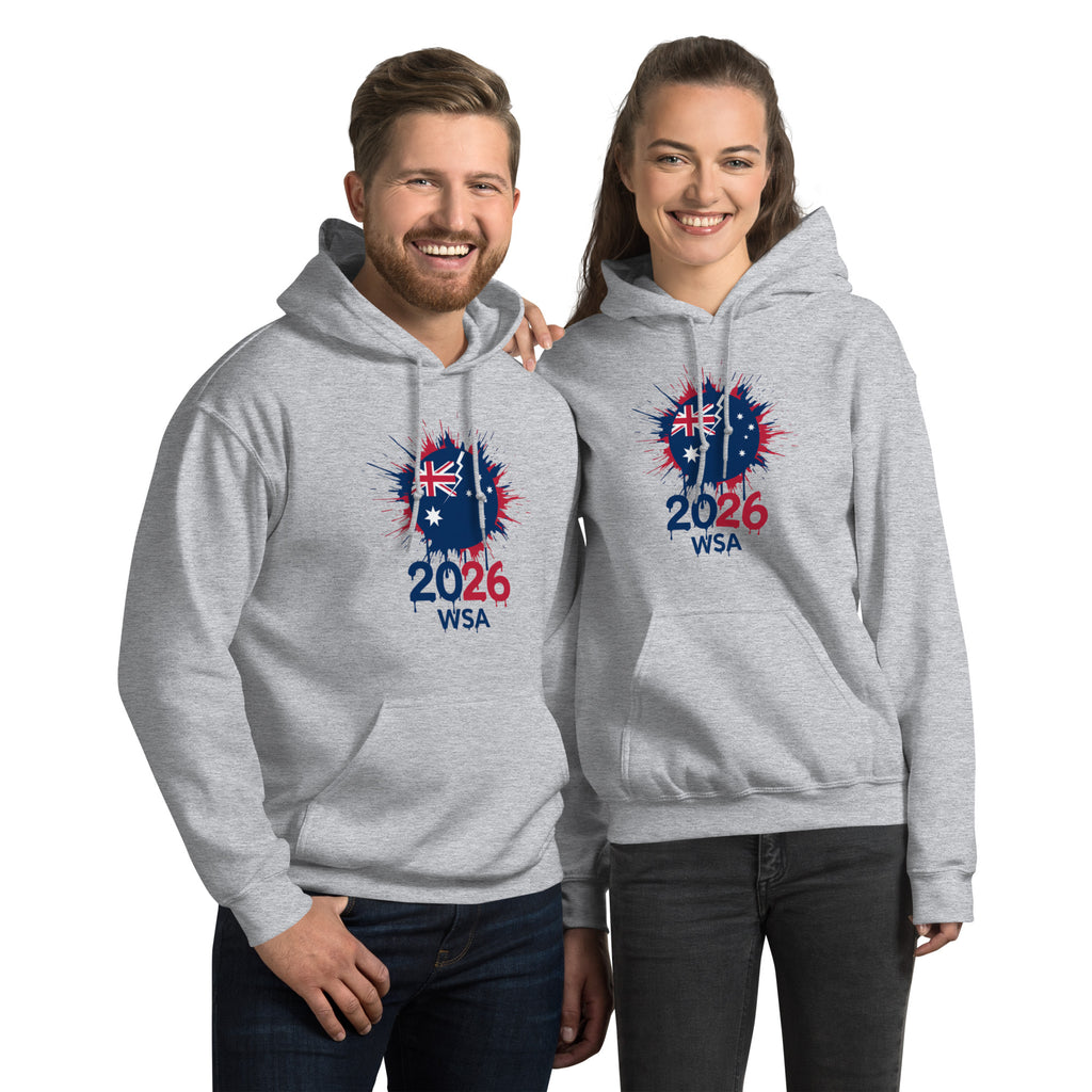 Two people wearing gray hoodies with a design featuring the number 2026 and letters WSA on a white background.