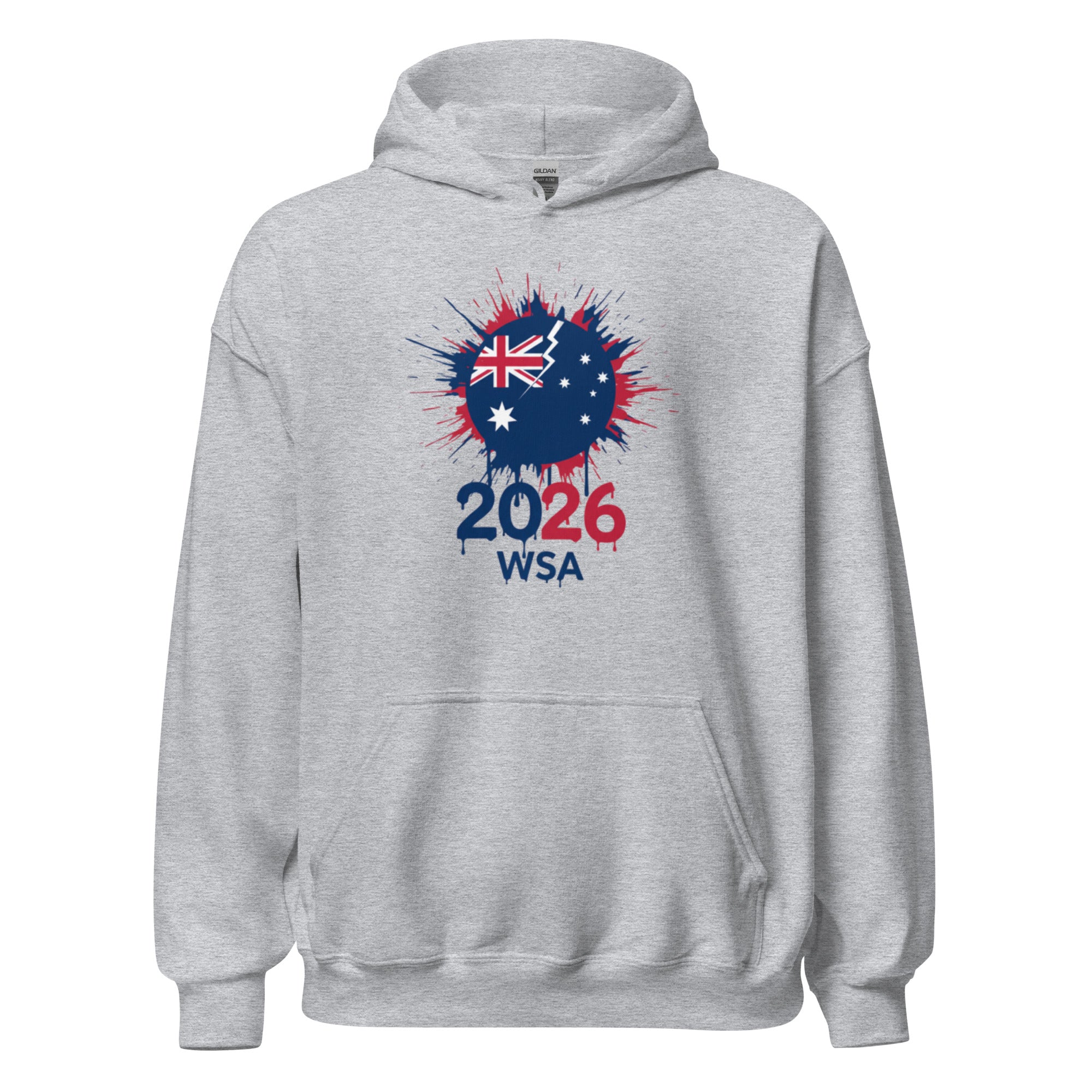 Gray hoodie with 2026 WSA logo featuring an Australian flag on a white background