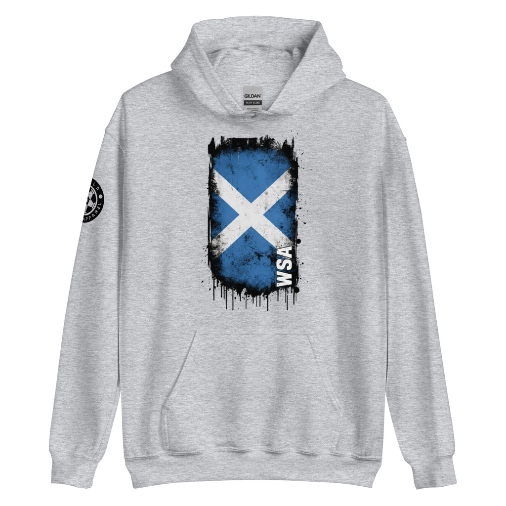 Gray hoodie with a blue and white flag design on a white background