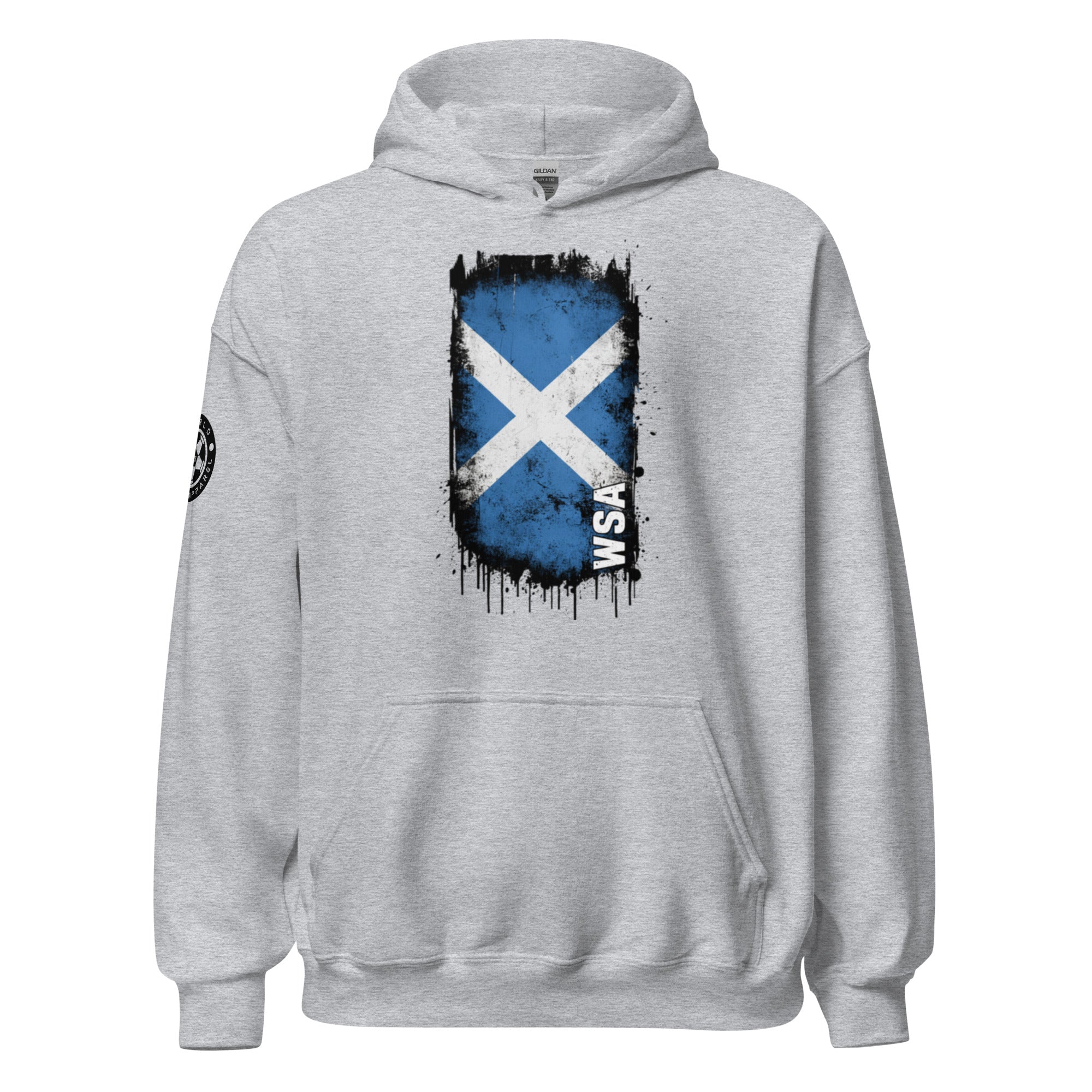 Gray hoodie with a Scottish flag design on the back against a white background