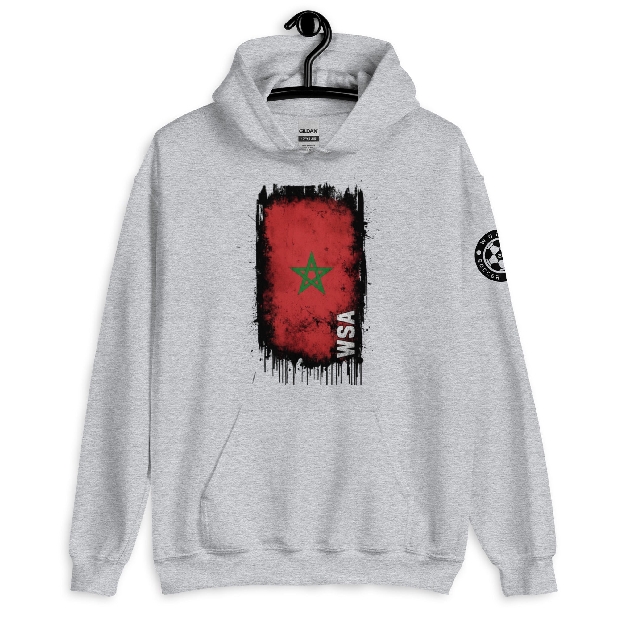 Gray hoodie with a red and black flag design on a white background