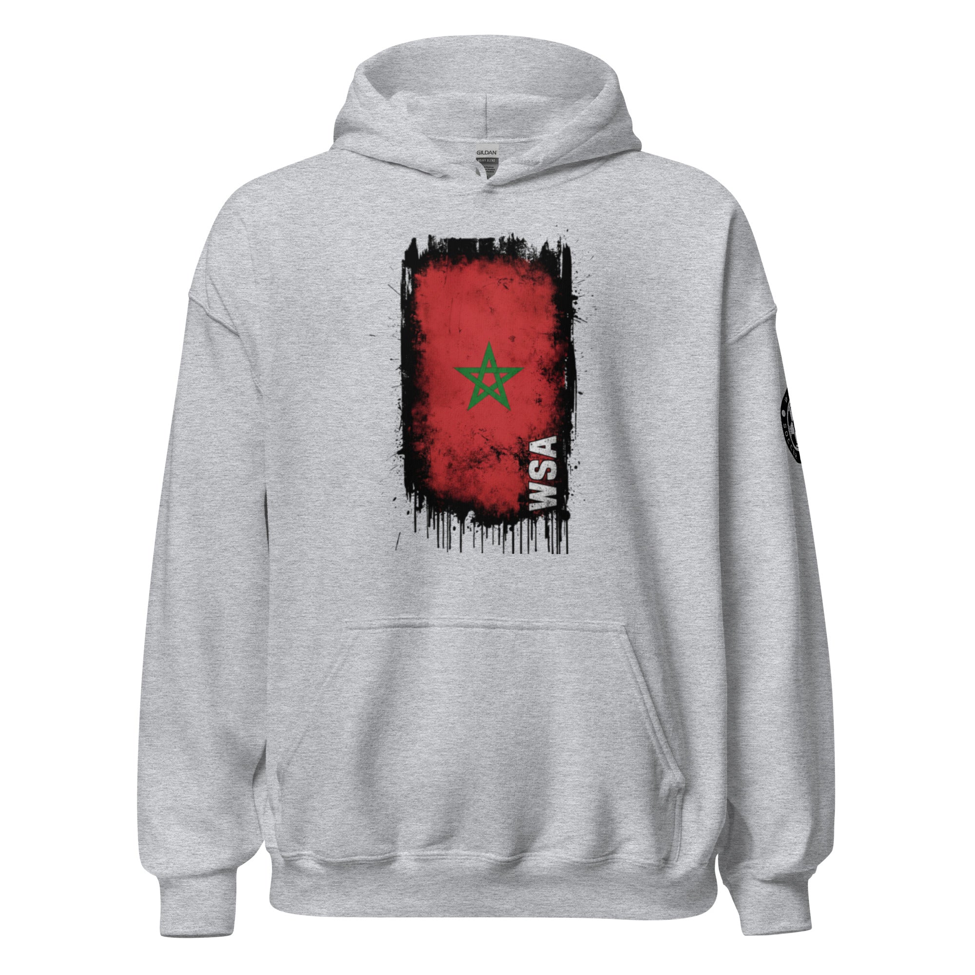 Gray hoodie with a red and green graphic on the back against a white background