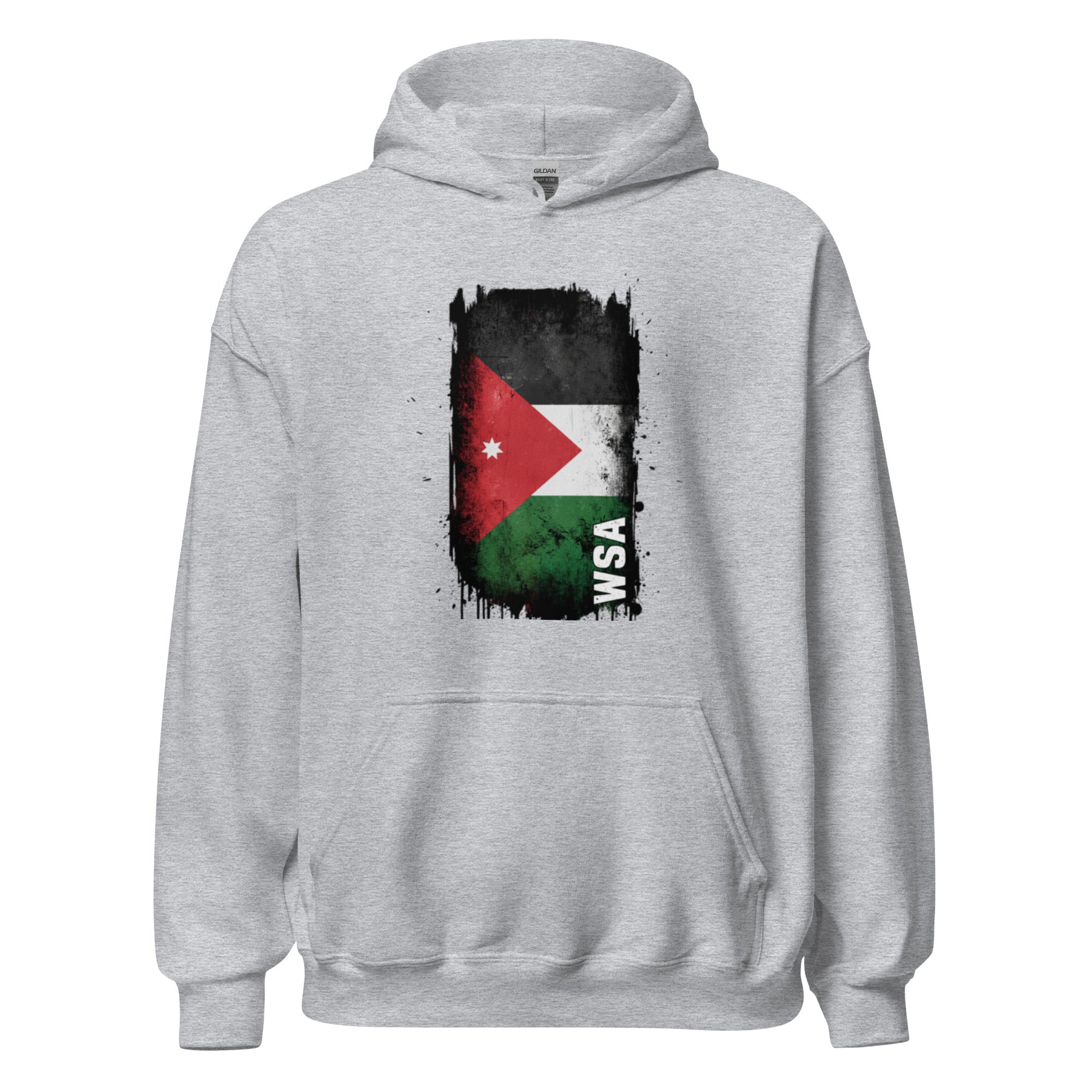 Gray hoodie with a flag design on the chest against a white background