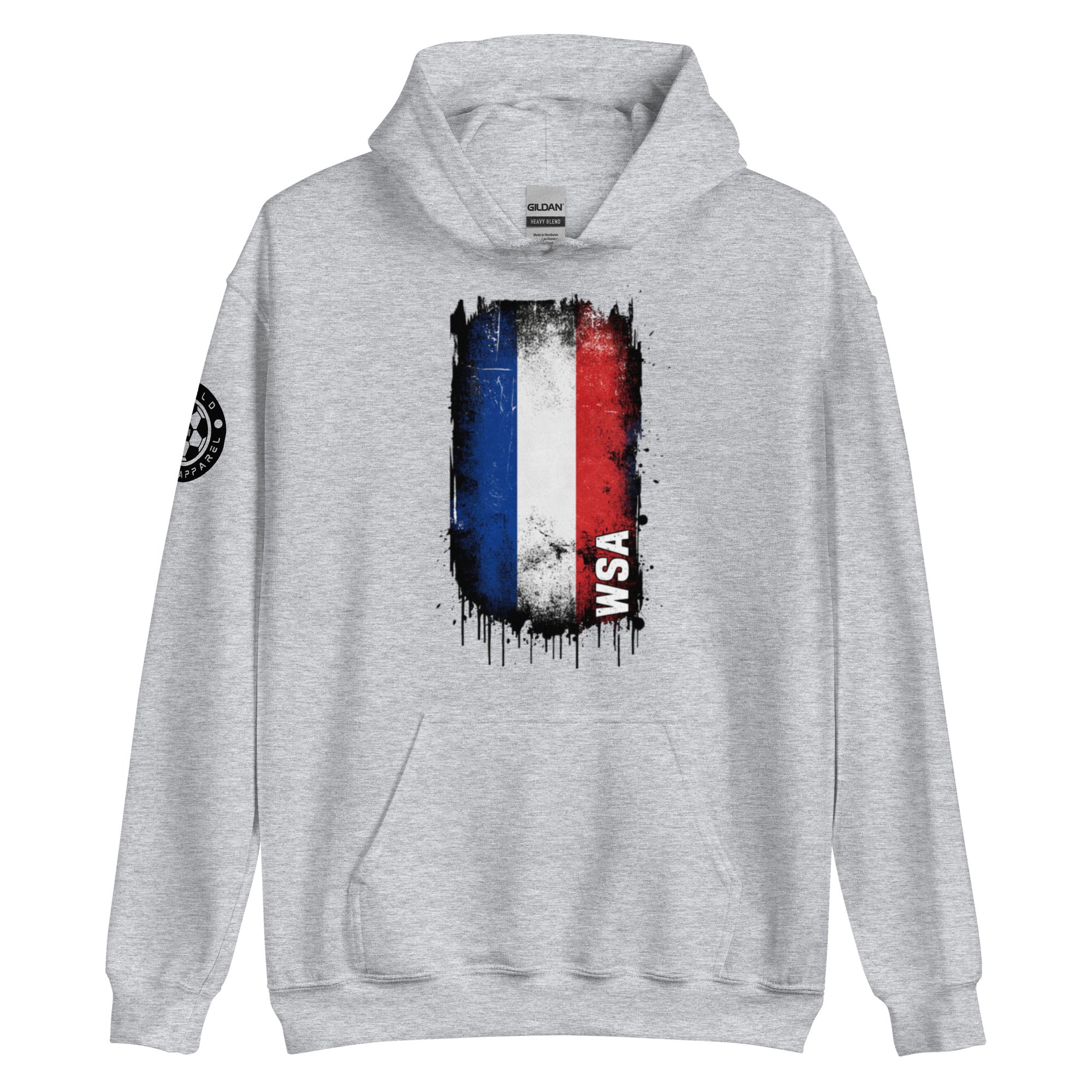 Gray hoodie with a colorful logo and text on a white background