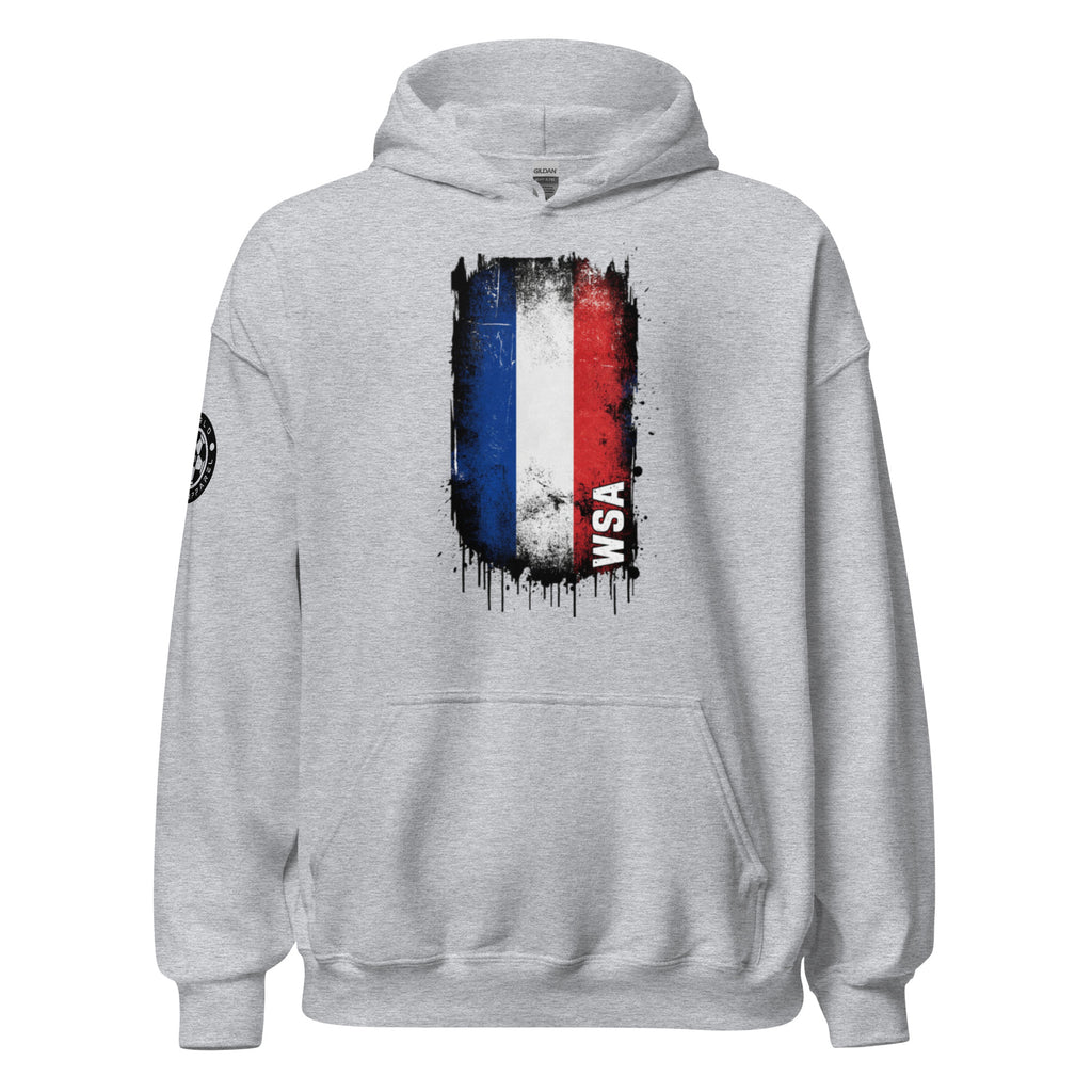Gray hoodie with a colorful graphic on the back against a white background