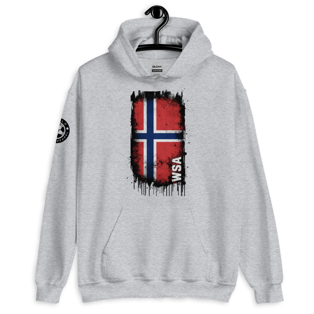 Gray hoodie with a flag design on a hanger against a white background