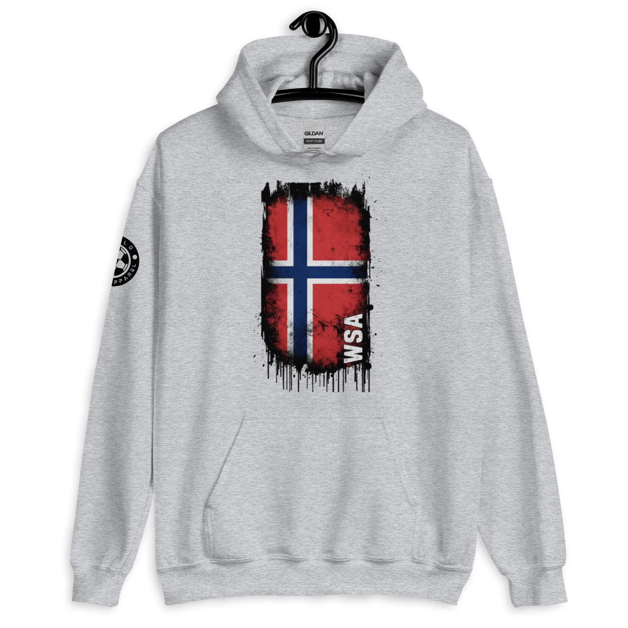 Gray hoodie with a flag design on a hanger against a white background