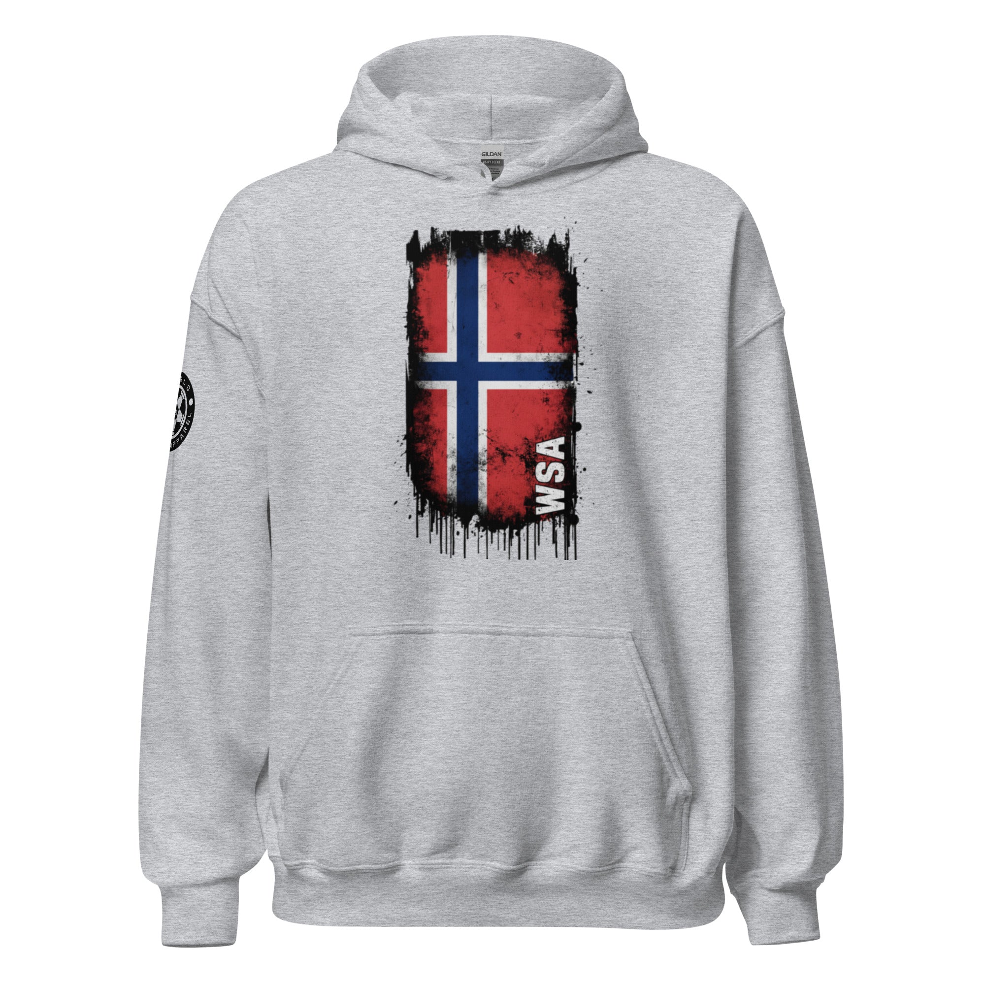 Gray hoodie with a flag design on the chest and sleeve on a white background