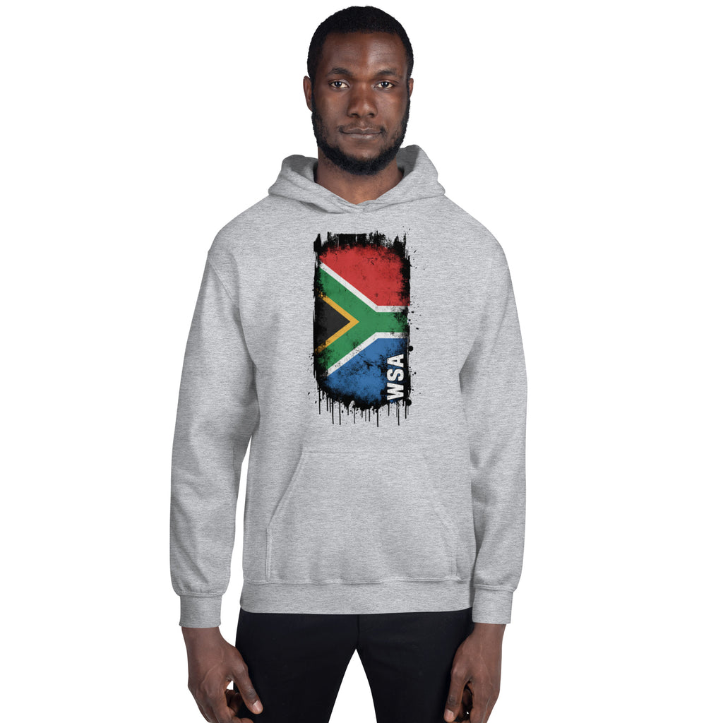 Person wearing a gray hoodie with a South African flag design on a white background