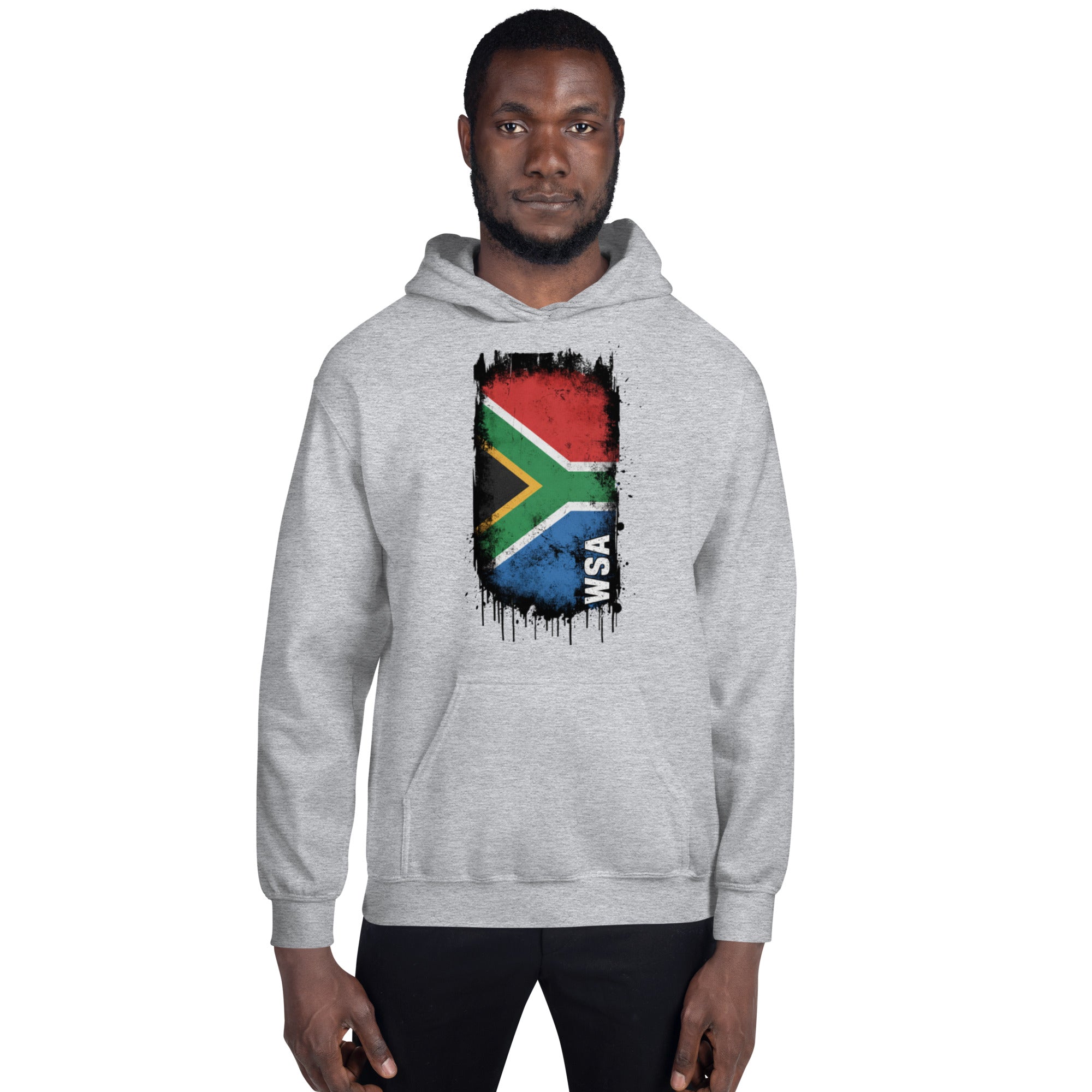 Person wearing a gray hoodie with a South African flag design on a white background