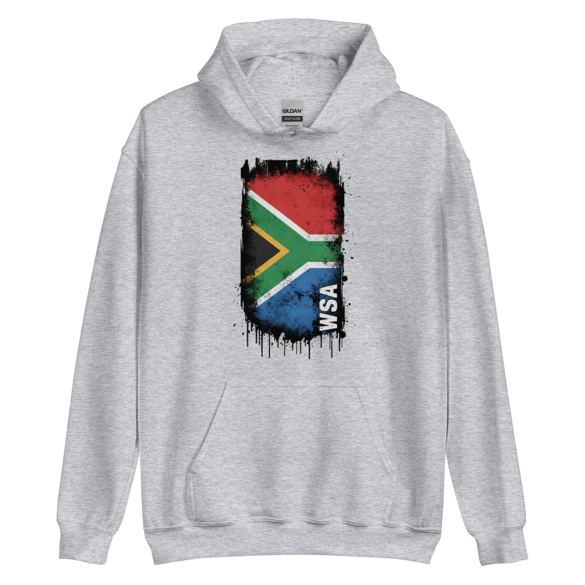 Gray hoodie with South African flag design on a white background