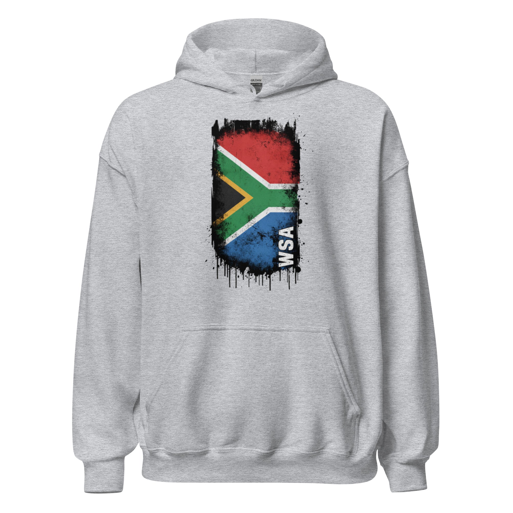 Gray hoodie with South African flag design on a white background
