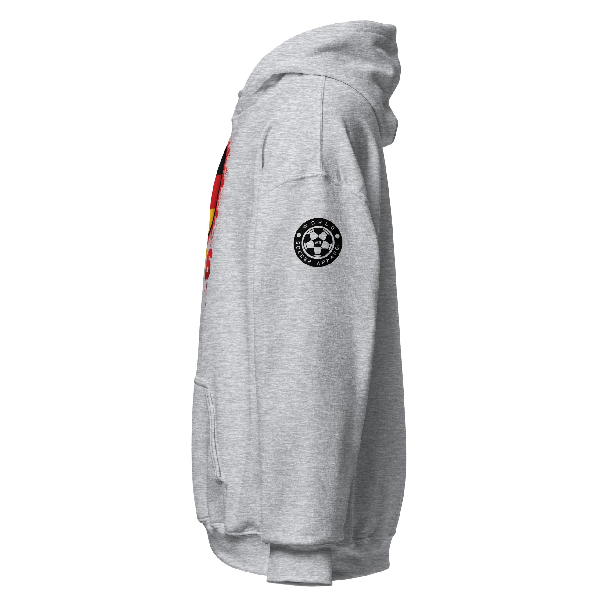 Gray hoodie with a logo on the sleeve against a white background