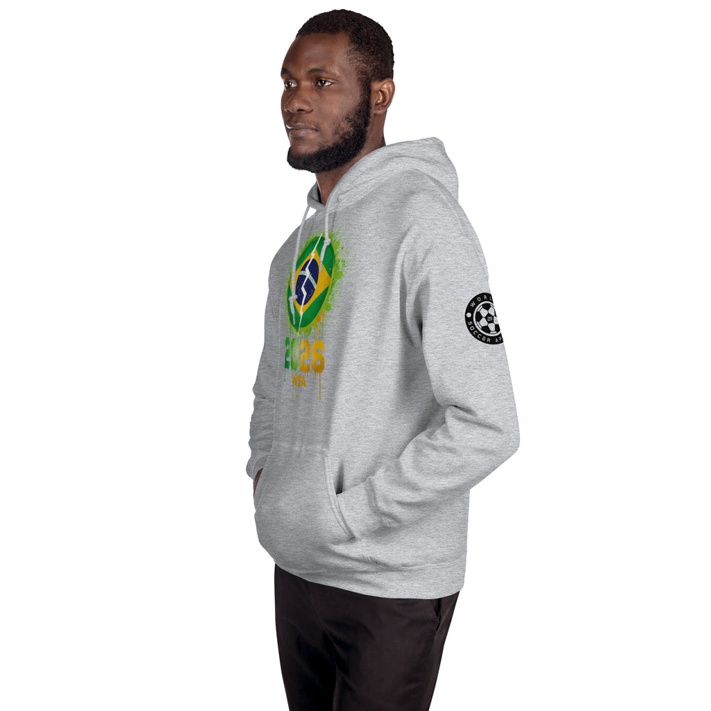 Man wearing a gray hoodie with a Brazilian flag design on a white background