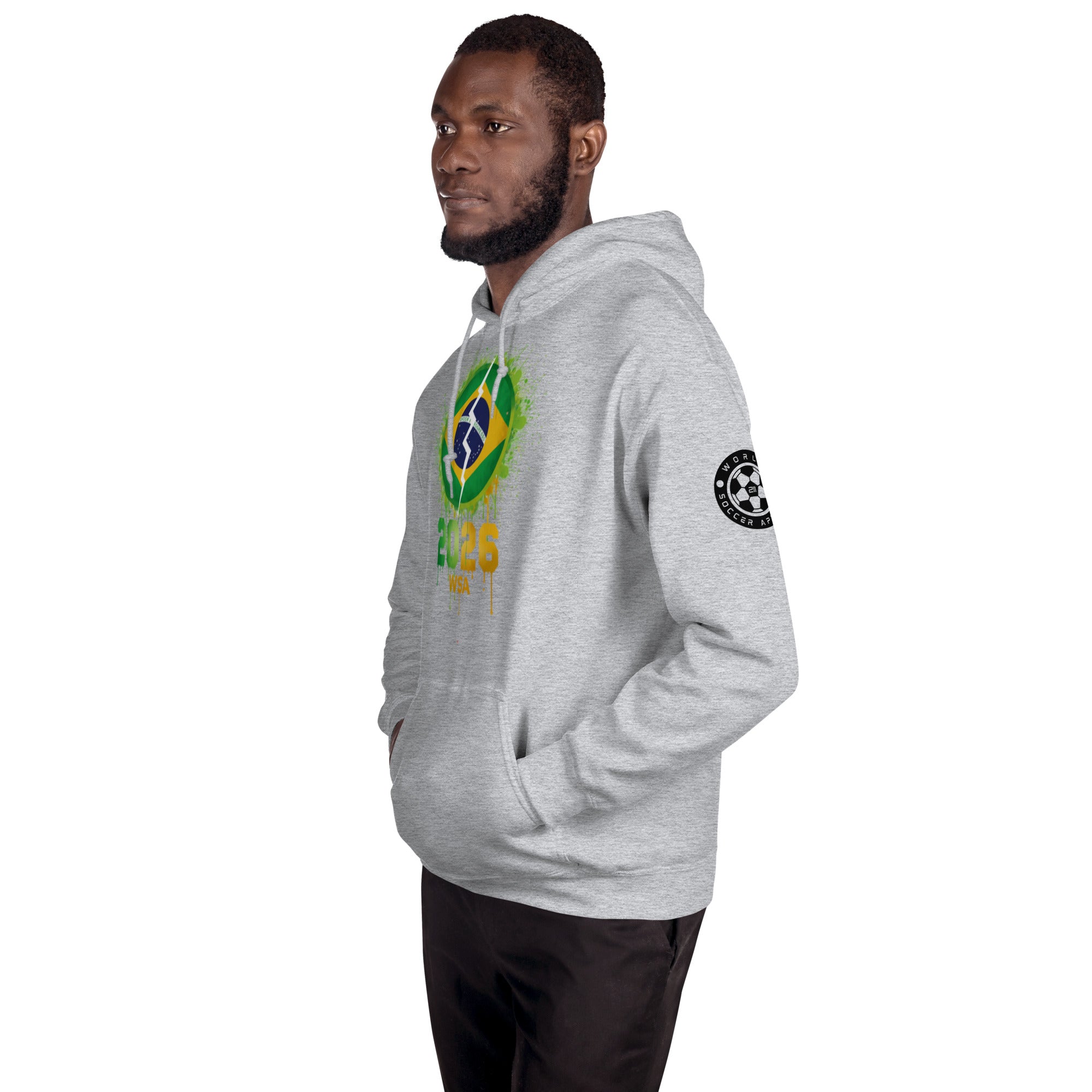 Man wearing a gray hoodie with a Brazilian flag design on a white background