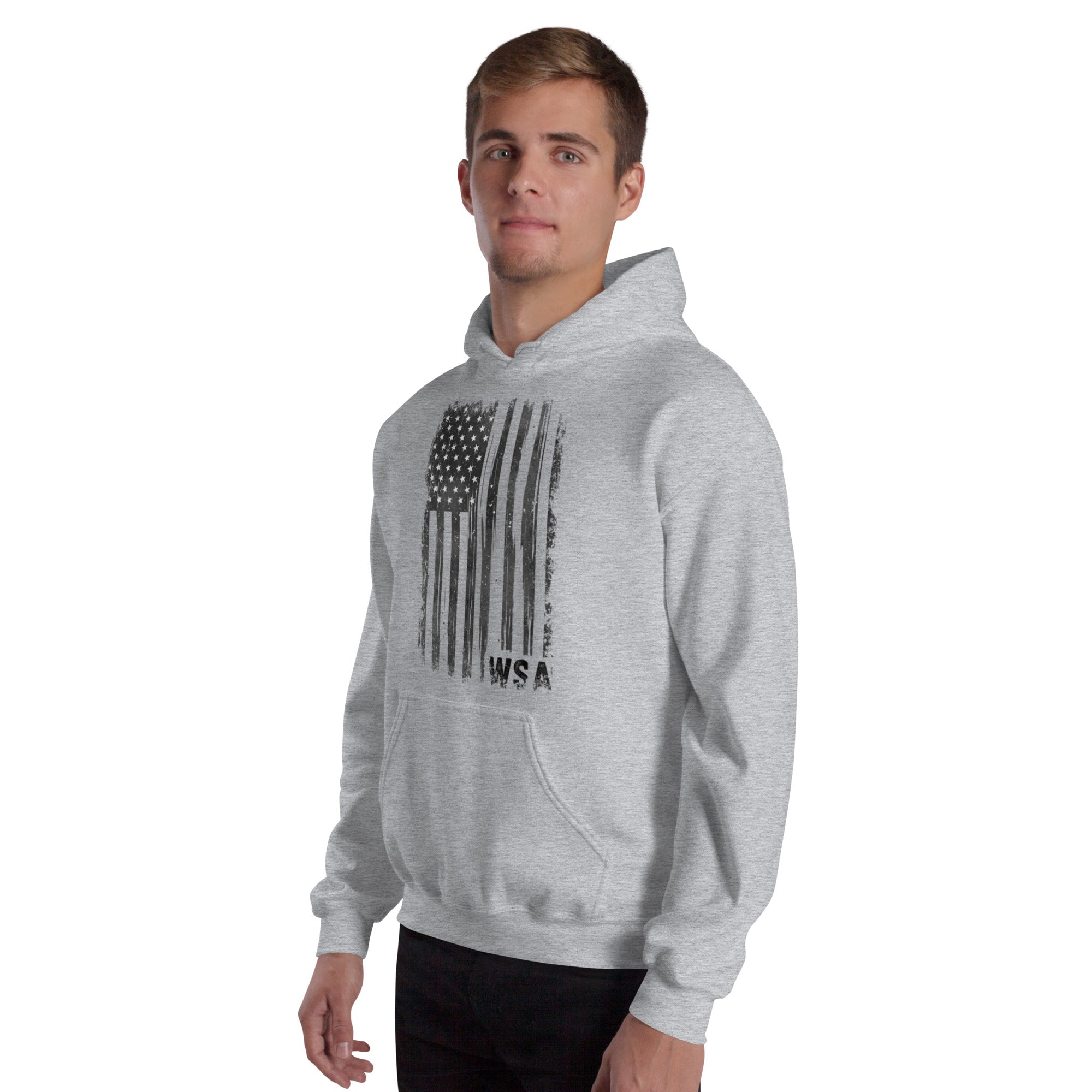 Man wearing a gray hoodie with an American flag design on a white background