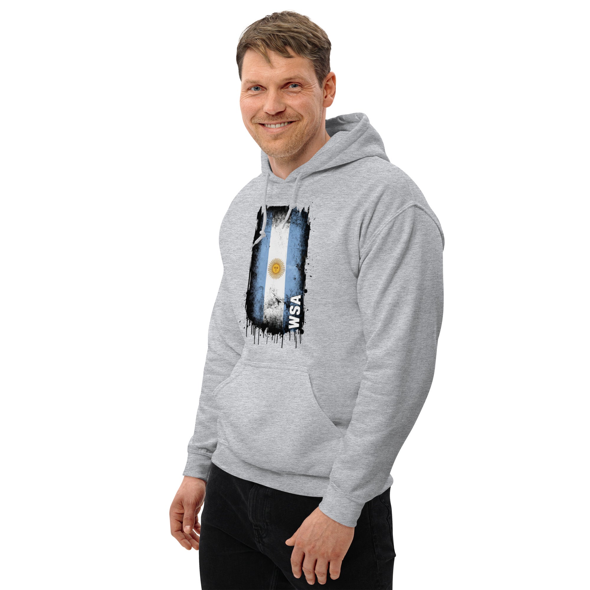 Man wearing a gray hoodie with a graphic design on a white background