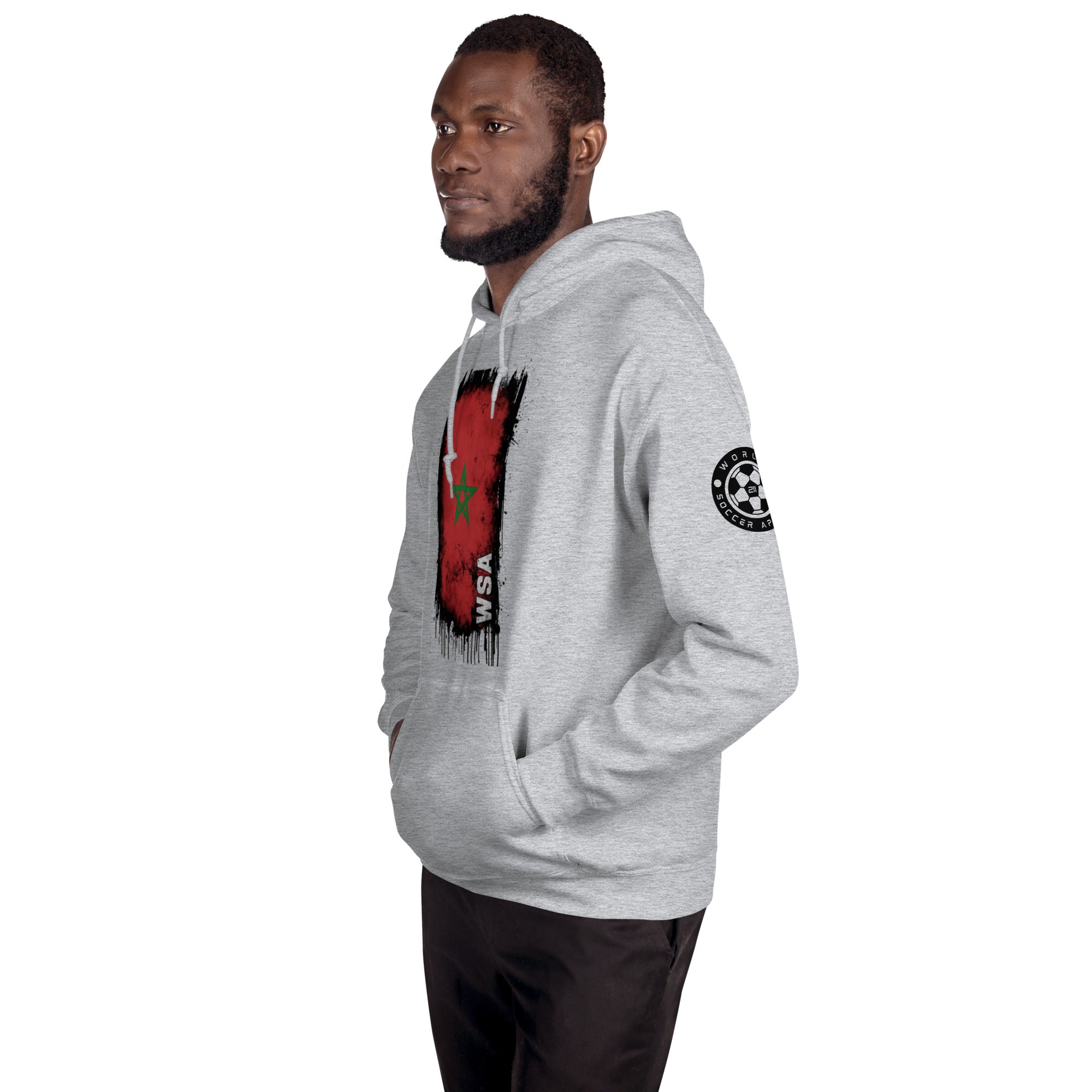 Man wearing a gray hoodie with a red and black design on a white background