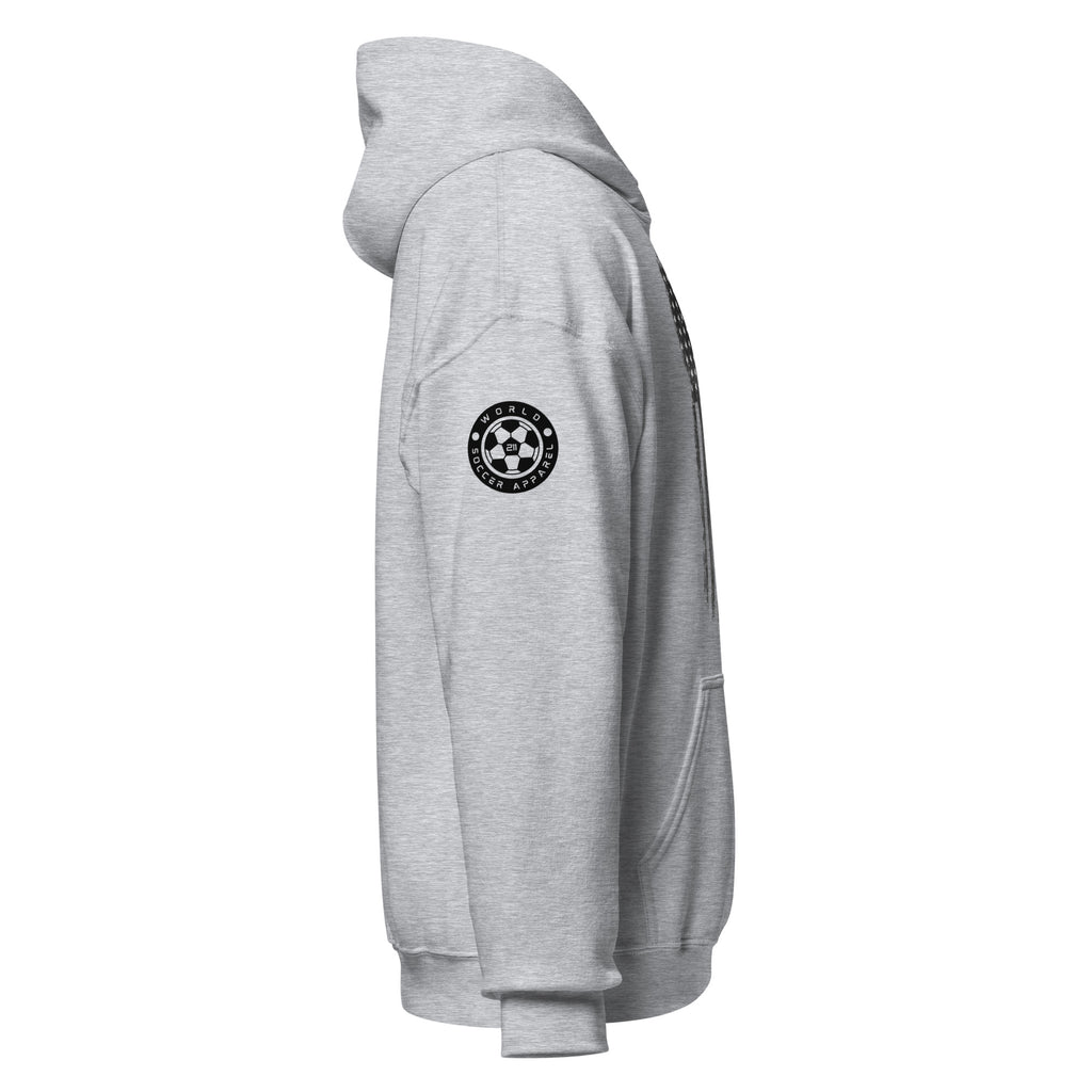 Gray hoodie with a logo on the sleeve against a white background