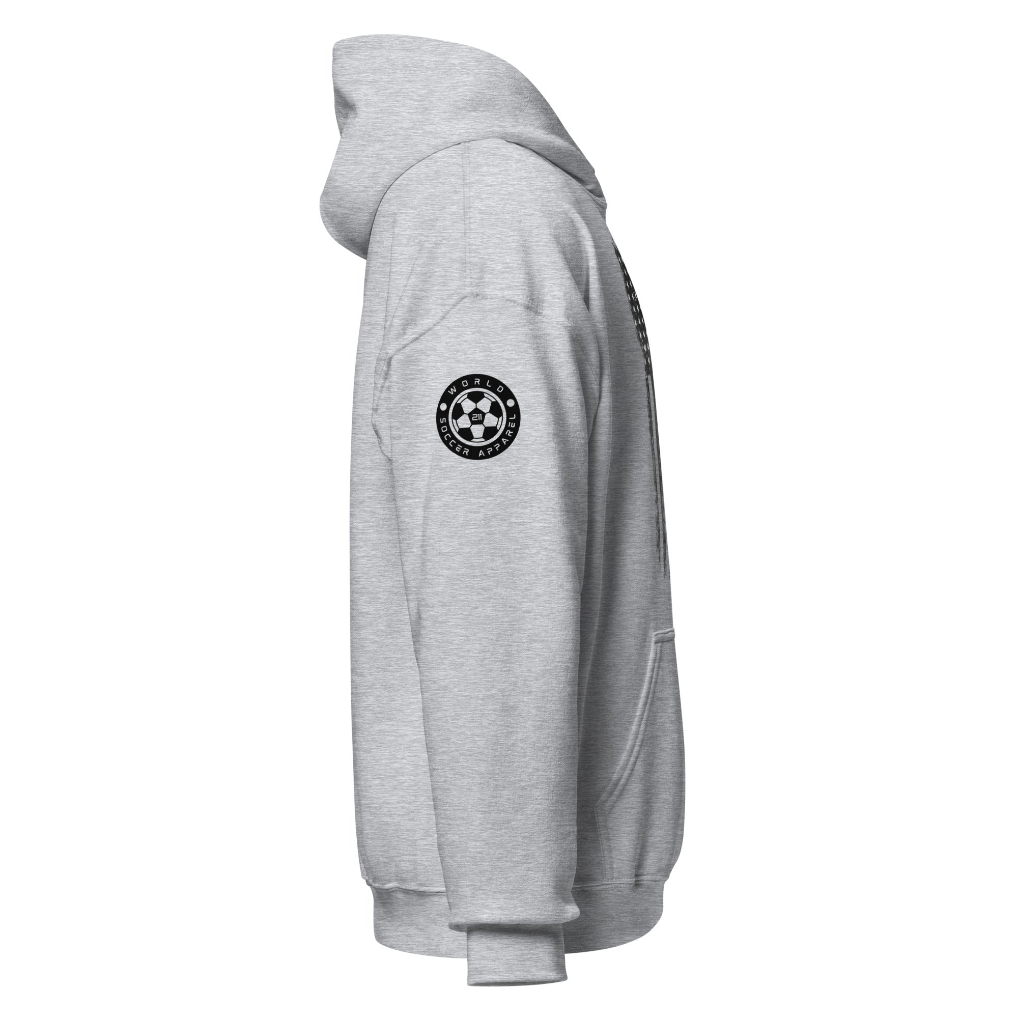 Gray hoodie with a logo on the sleeve against a white background