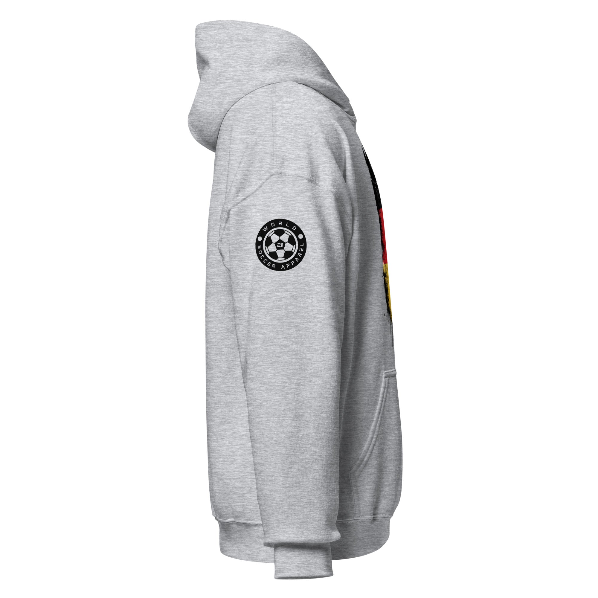 Gray hoodie with a logo on the sleeve against a white background