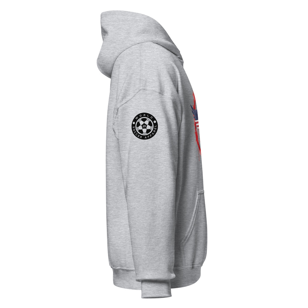 Gray hoodie with a logo on the sleeve against a white background