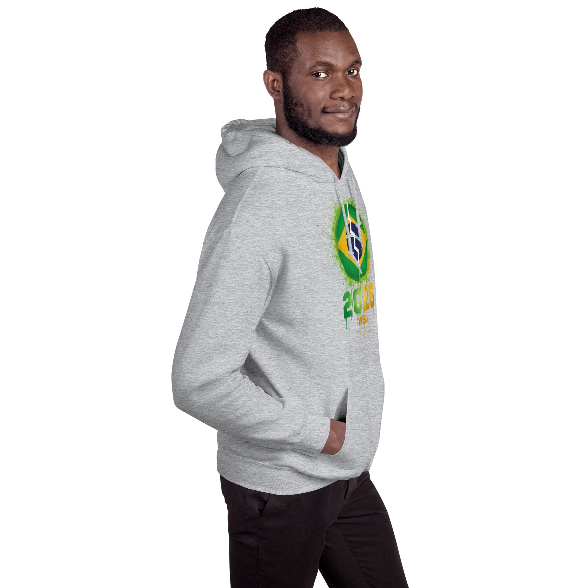 Man wearing a gray hoodie with a colorful logo on a white background