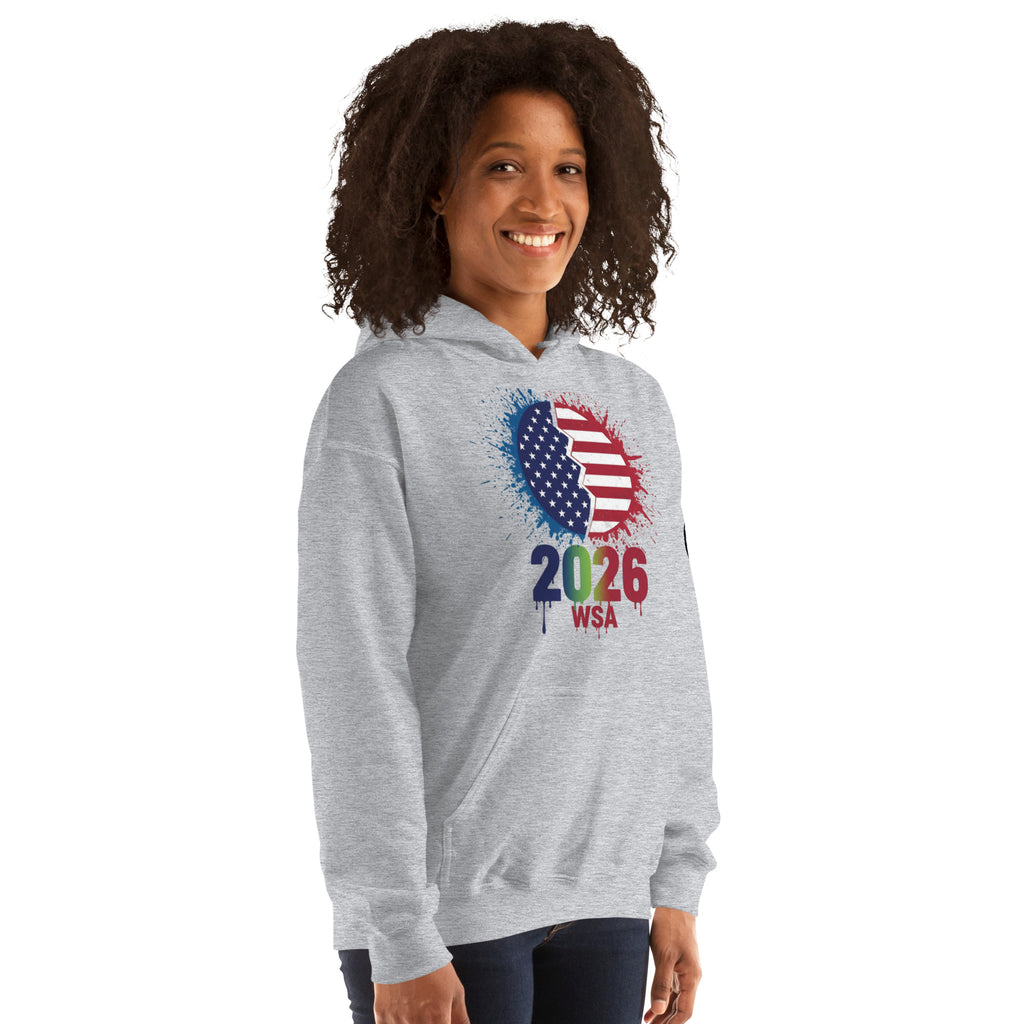 Person wearing a gray hoodie with a colorful design on a white background