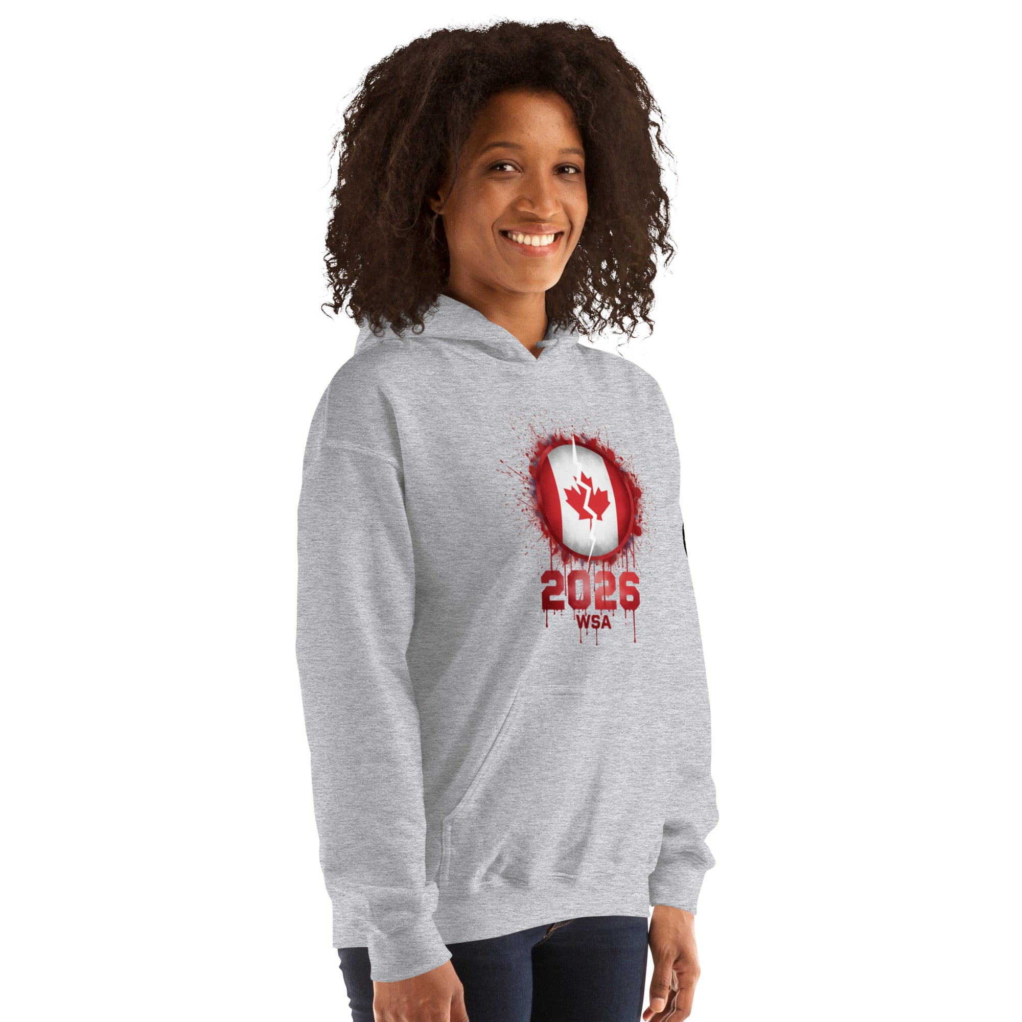 Person wearing a gray hoodie with a red and white design on a white background