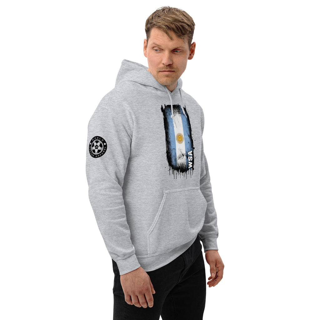 Man wearing a gray hoodie with a graphic design on a white background