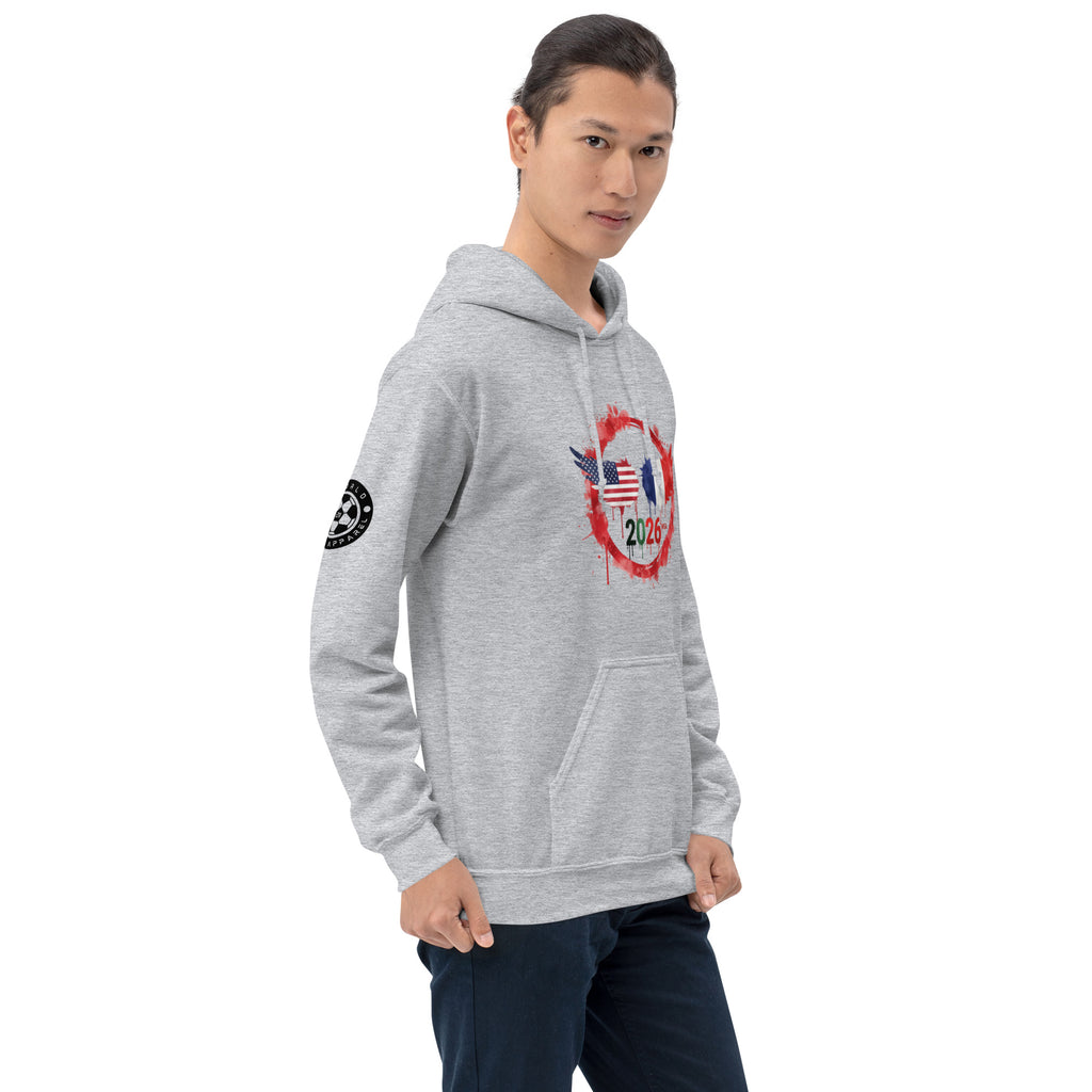 Person wearing a gray hoodie with a graphic design on a white background