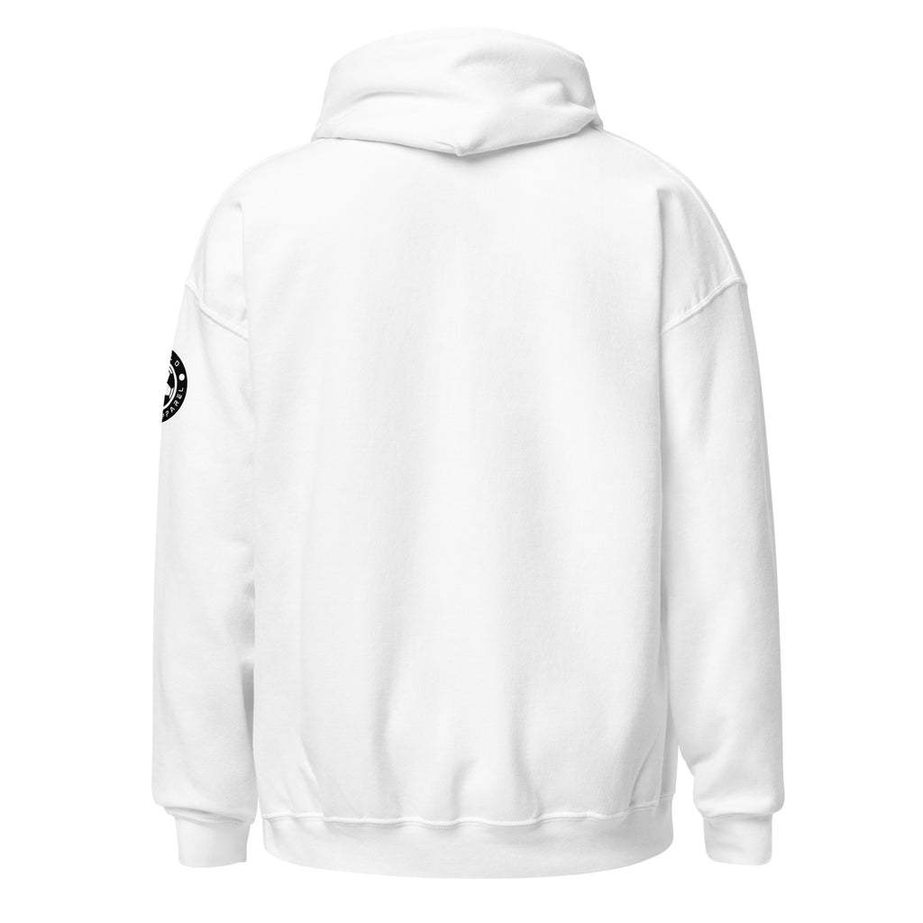 White hoodie with a small black logo on the sleeve against a white background